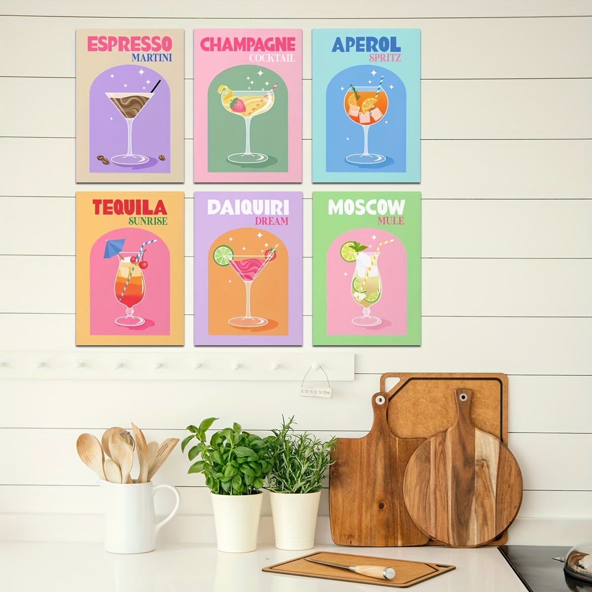 Trendy Retro Wall Art Set of 6, Bar Cart Art, Bar Cart Accessories, Cheers  Print, Drinks Printable Wall Art, Pink Beige Digital Download 