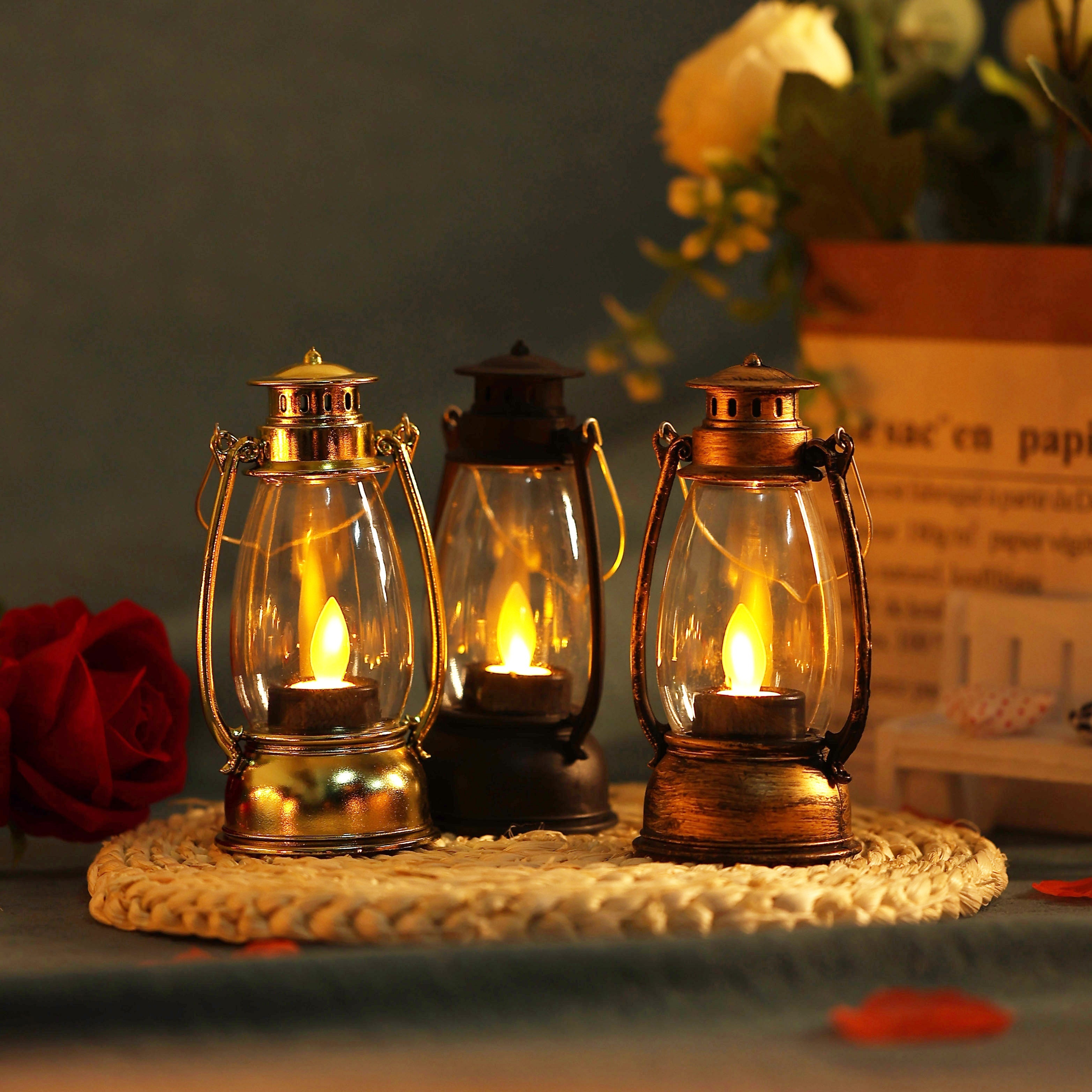 Set of 2 Vintage Style Decorative Lantern Plastic Battery Powered Glass  Lights