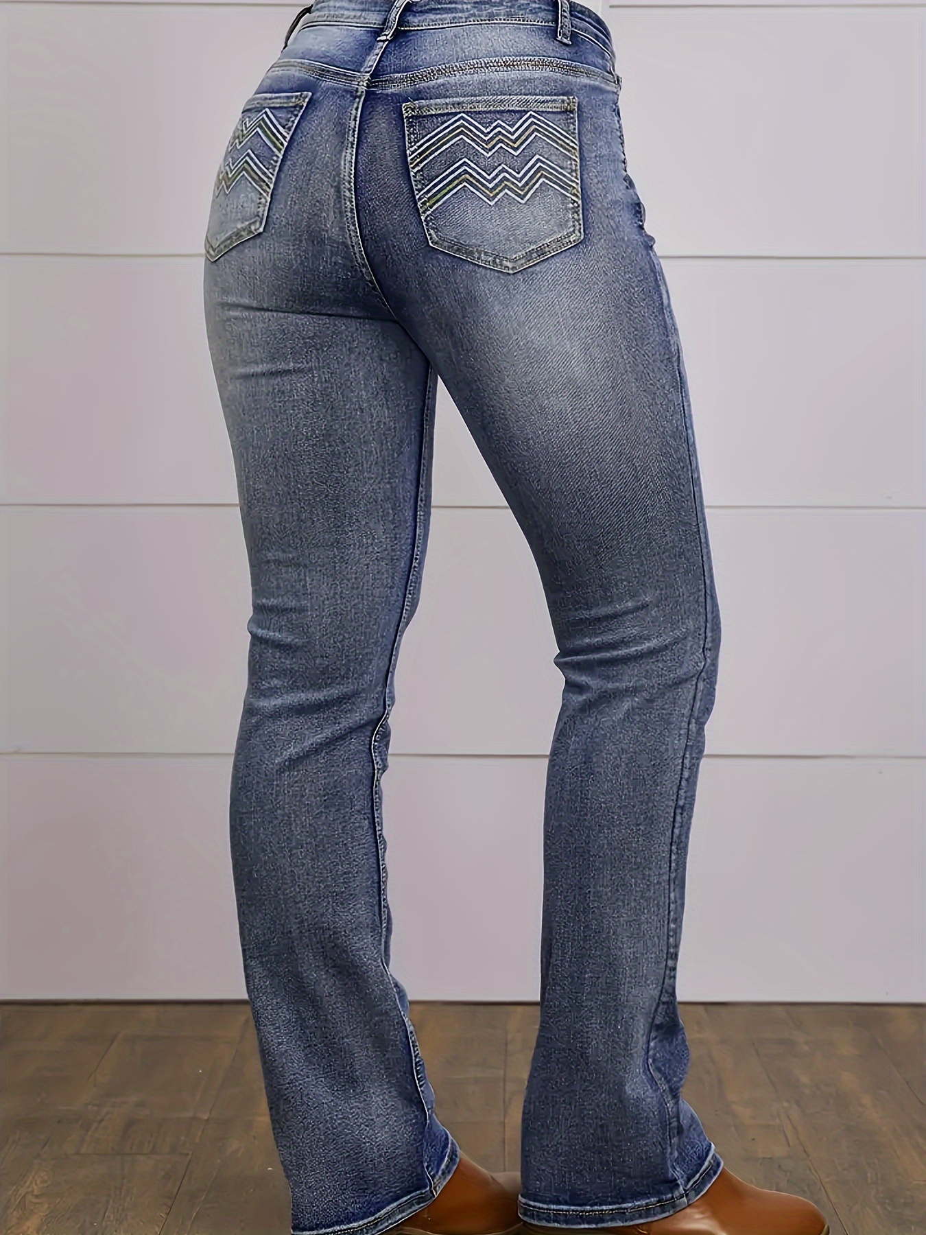 Stitching Detail Patch Pockets Bootcut Jeans High Stretch - Temu Australia