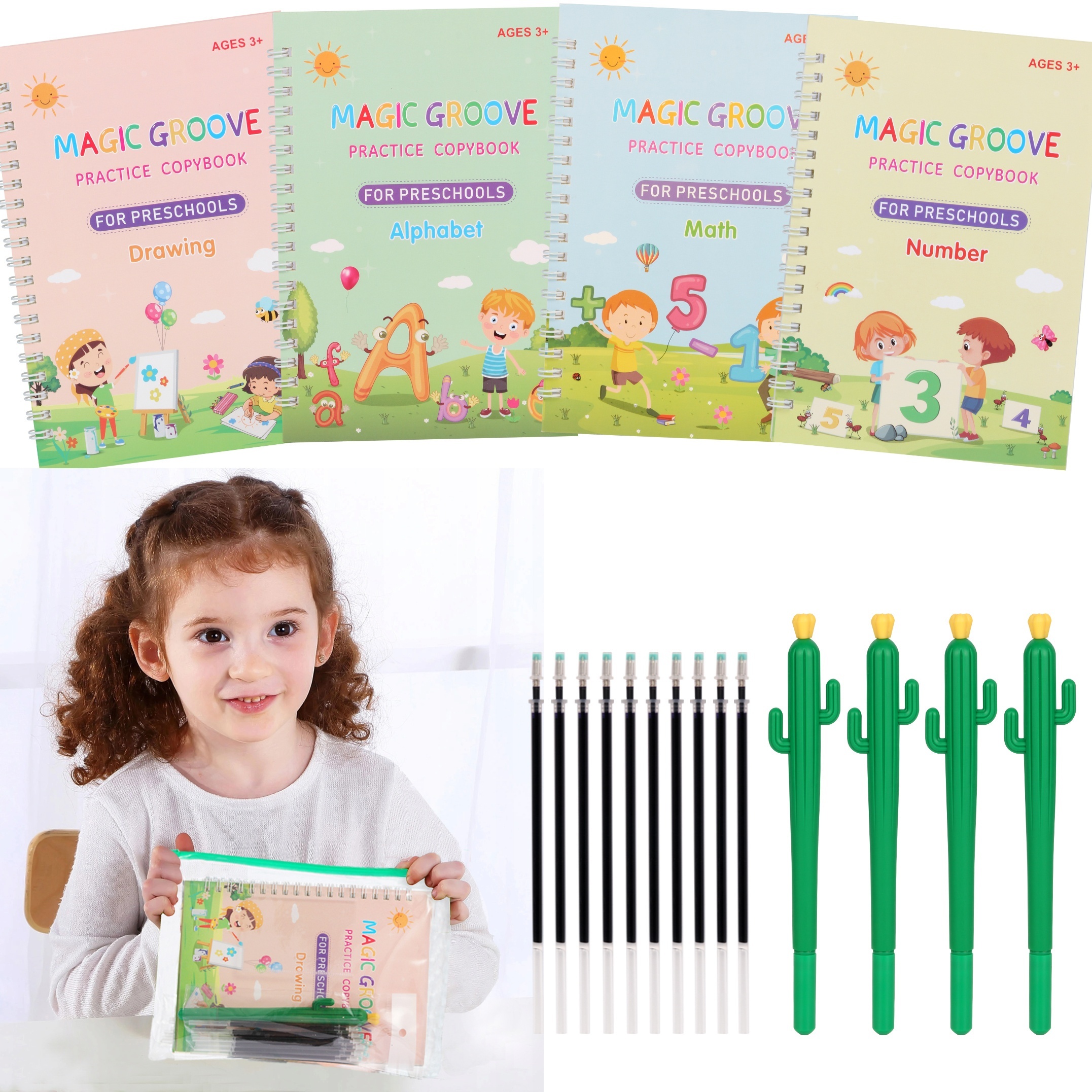 Reusable Magic Practice Copybook - Handwriting Practice for Kids 3-8,  Groovd Writing Workbooks, Learning Handwriting Tools Kit and Magical Pen  Refills