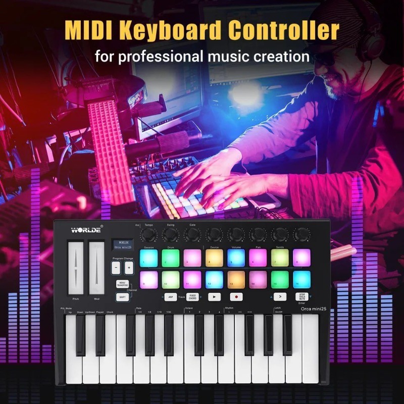 WORLDE Panda MINI Contrôleur de clavier MIDI USB ultra-portable à 25  touches 8 pads de déclenchement rétroéclairés colorés