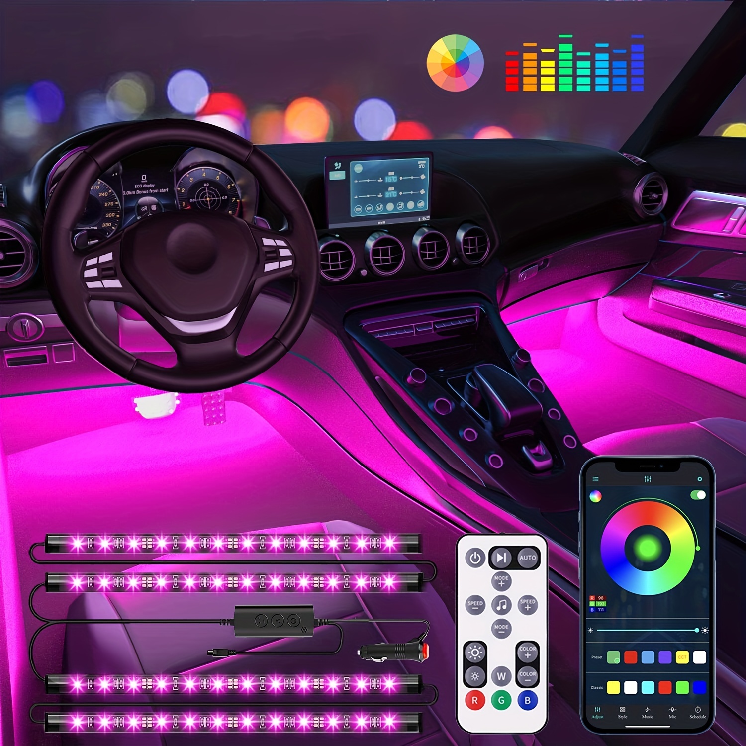 Luces interiores del coche, Winzwon Interior del coche LED Luces interiores  del coche, Tiras de luces LED del coche, Luces ambientales del coche  multicolor 48LED con control de aplicación y puerto USB