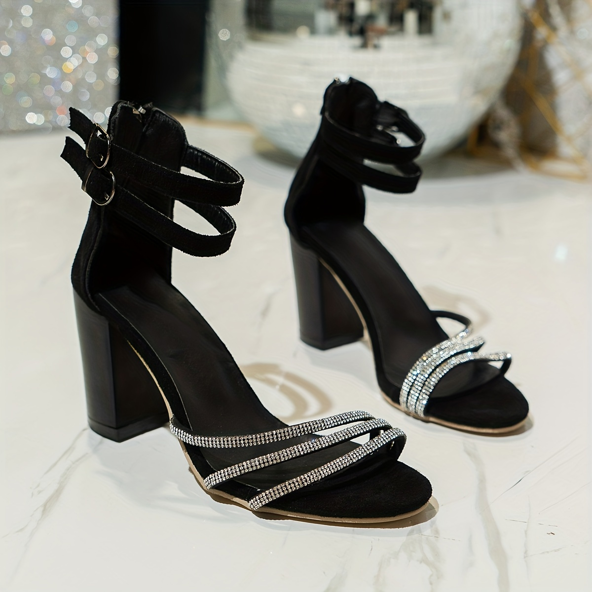 Black rhinestone block clearance heels