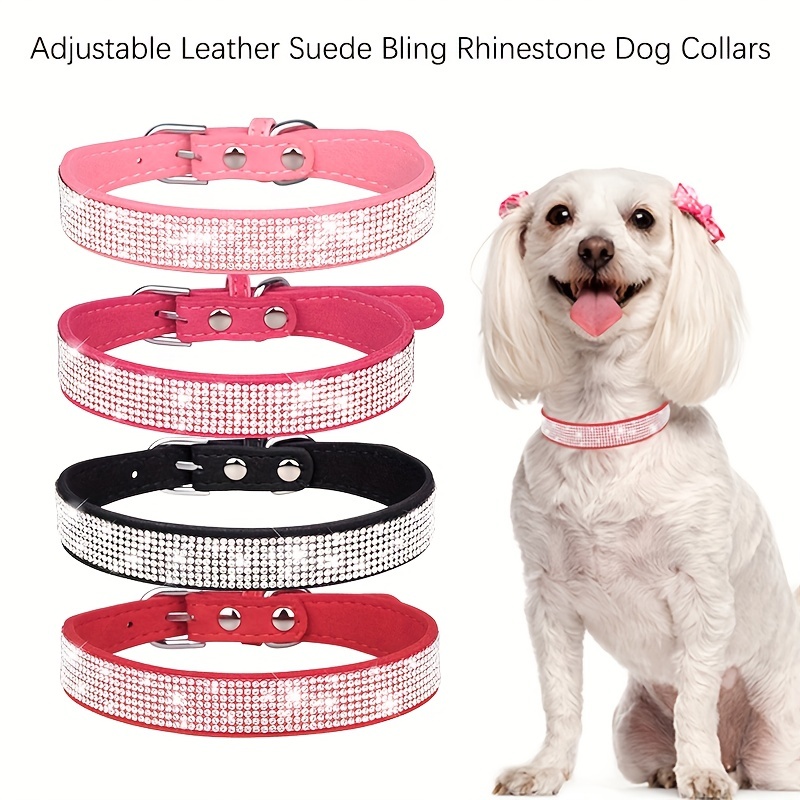Rhinestone Dog Collar, Bling Diamond Pet Collars with Leash Adjustable,  Dazzling Sparkly Crystal Studded Microfiber Leather Spiked Puppy Collar  Cute
