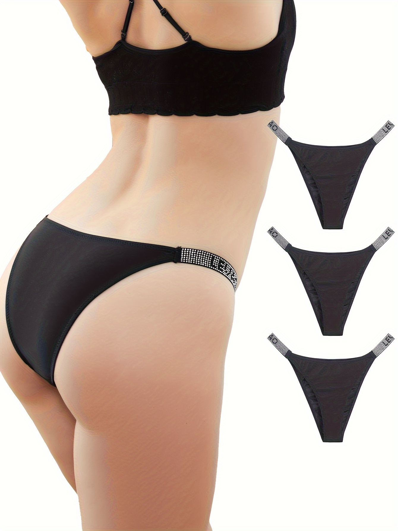 5pcs Colorblock Rhinestone Letter Tape Low Waist Briefs, Soft & Comfy  Stretchy Panties, Women's Lingerie & Underwear