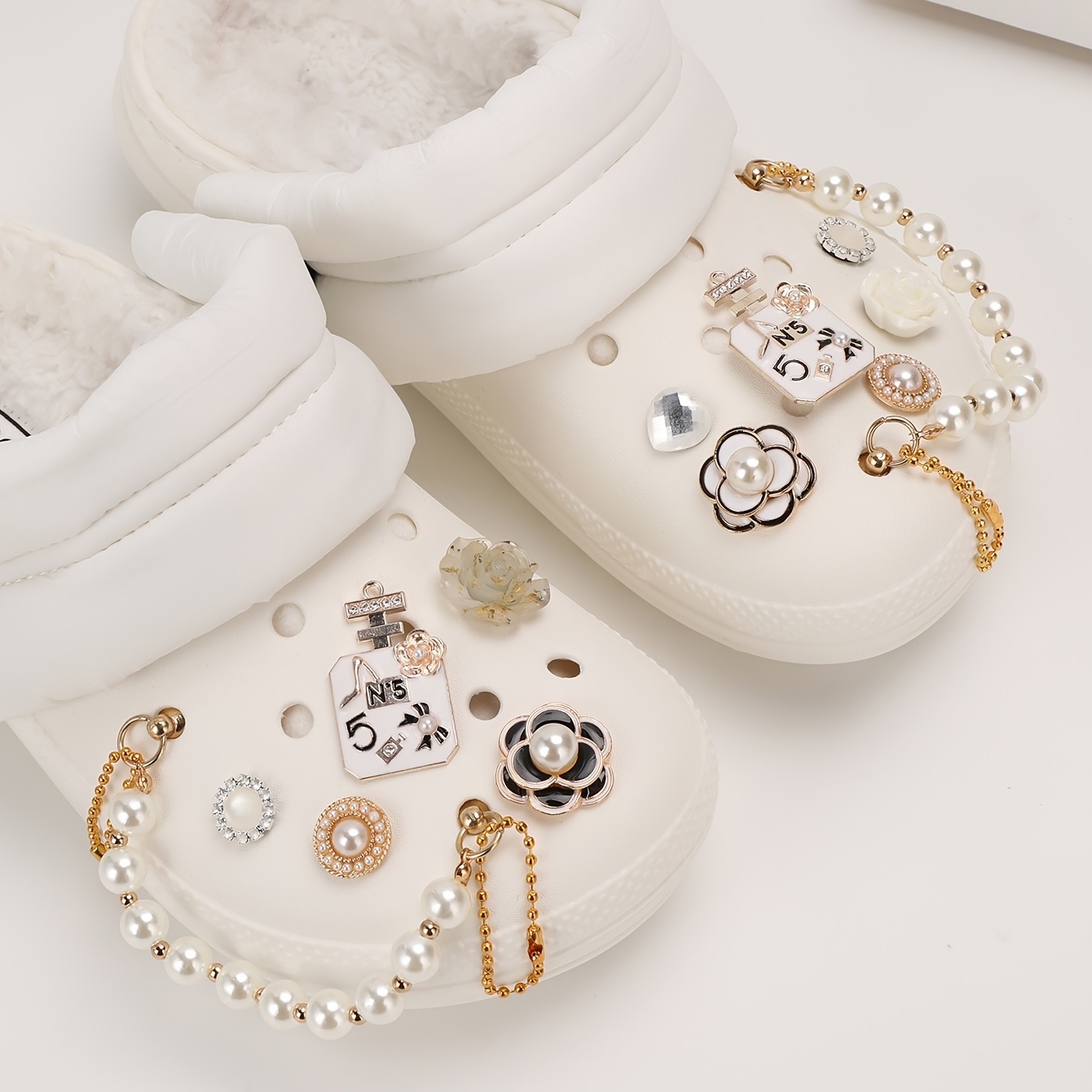 Vintage Flower Pearl Croc Charms Designer Shiny Diamond Shoe