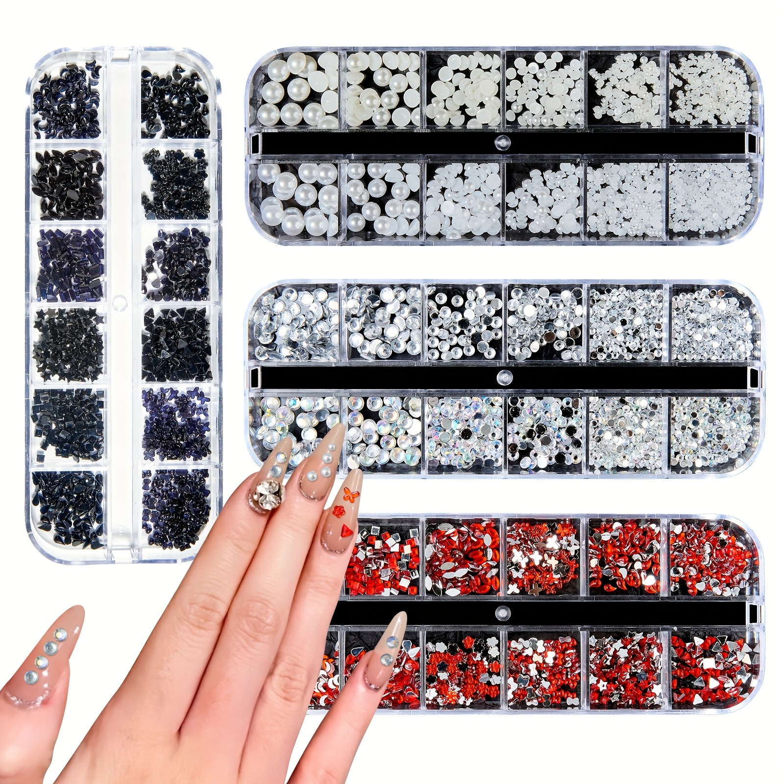 Red Nail Rhinestones Kit Multi Shapes Nail Art Gems Diamonds Flat