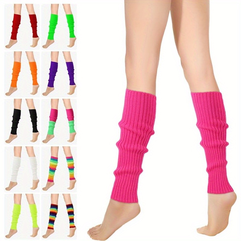 2 Pairs 80s Neon Knit Leg Warmers Knee High Socks, 2 Pieces Running  Headband