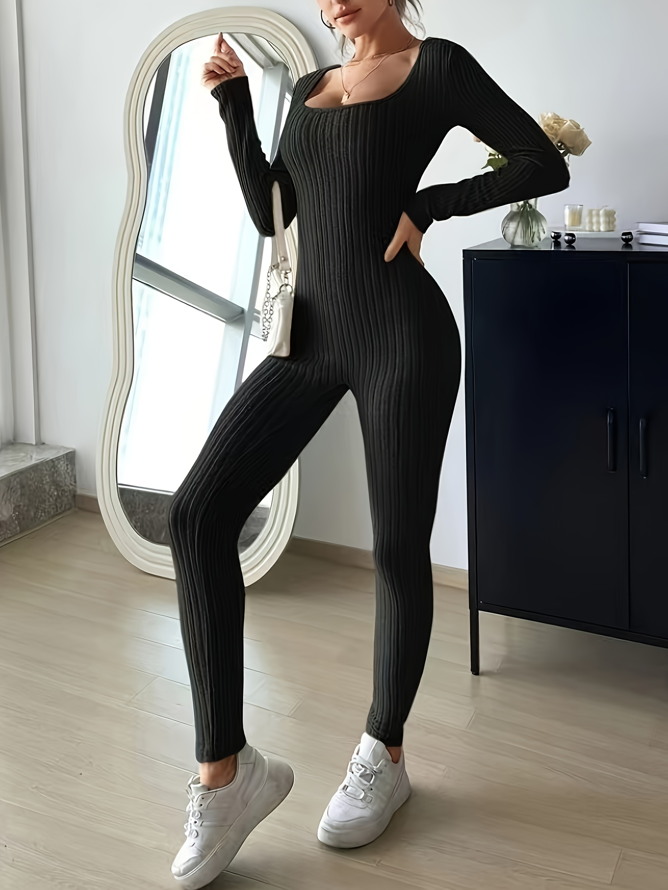 Seamless Ribbed Shaping Jumpsuit Long Sleeve Tummy Control - Temu Canada