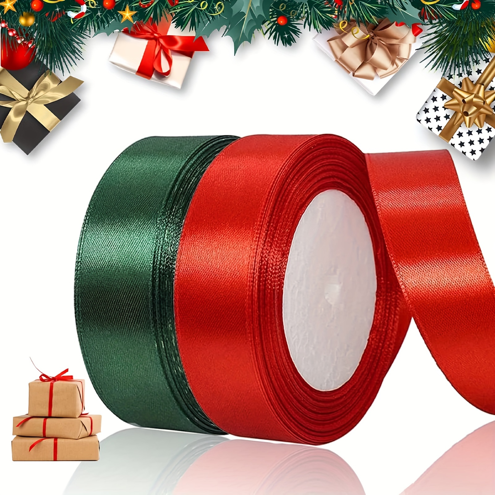 100 Yards Christmas Ribbons Gift Wrapping Ribbons Christmas Satin Ribbons  for Wedding Wrapping Sewing Bow Wreath DIY Craft (10 mm and 15 mm, Red and