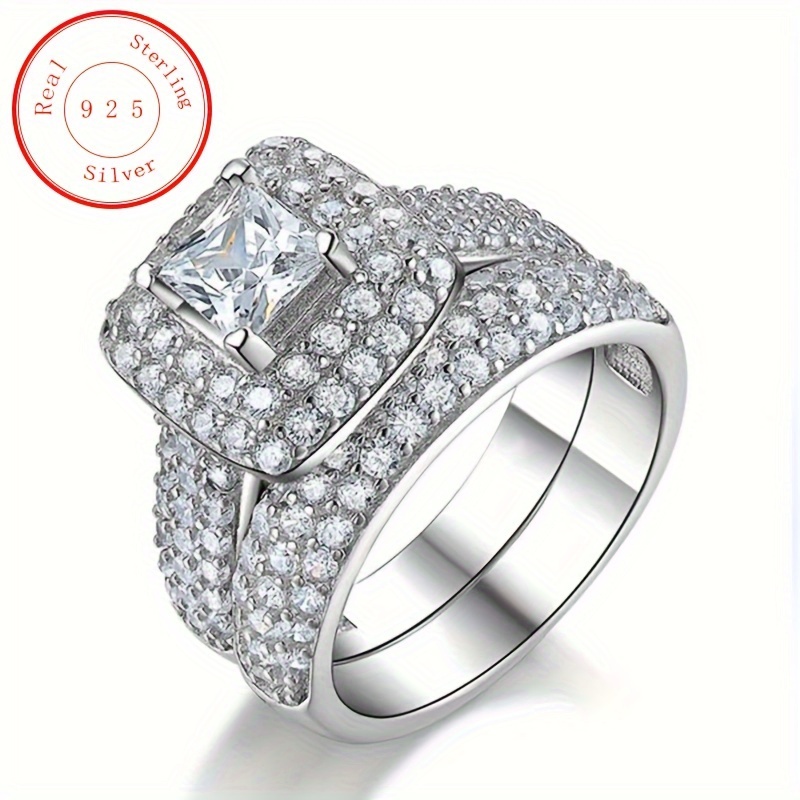 Diamond Wedding Ring Set For Women In 925 Sterling Silver, Women's Silver  Square Double Halo Diamond Cluster Engagement Ring