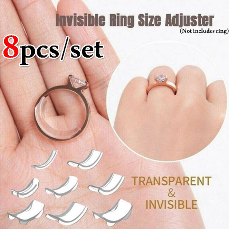 Ring Sizer Adjuster for Loose Rings 4 Sizes of 8 Pack Invisible Ring Guards  for Men and Women Silicone Ring Size adapters with Magnified Glass Ring