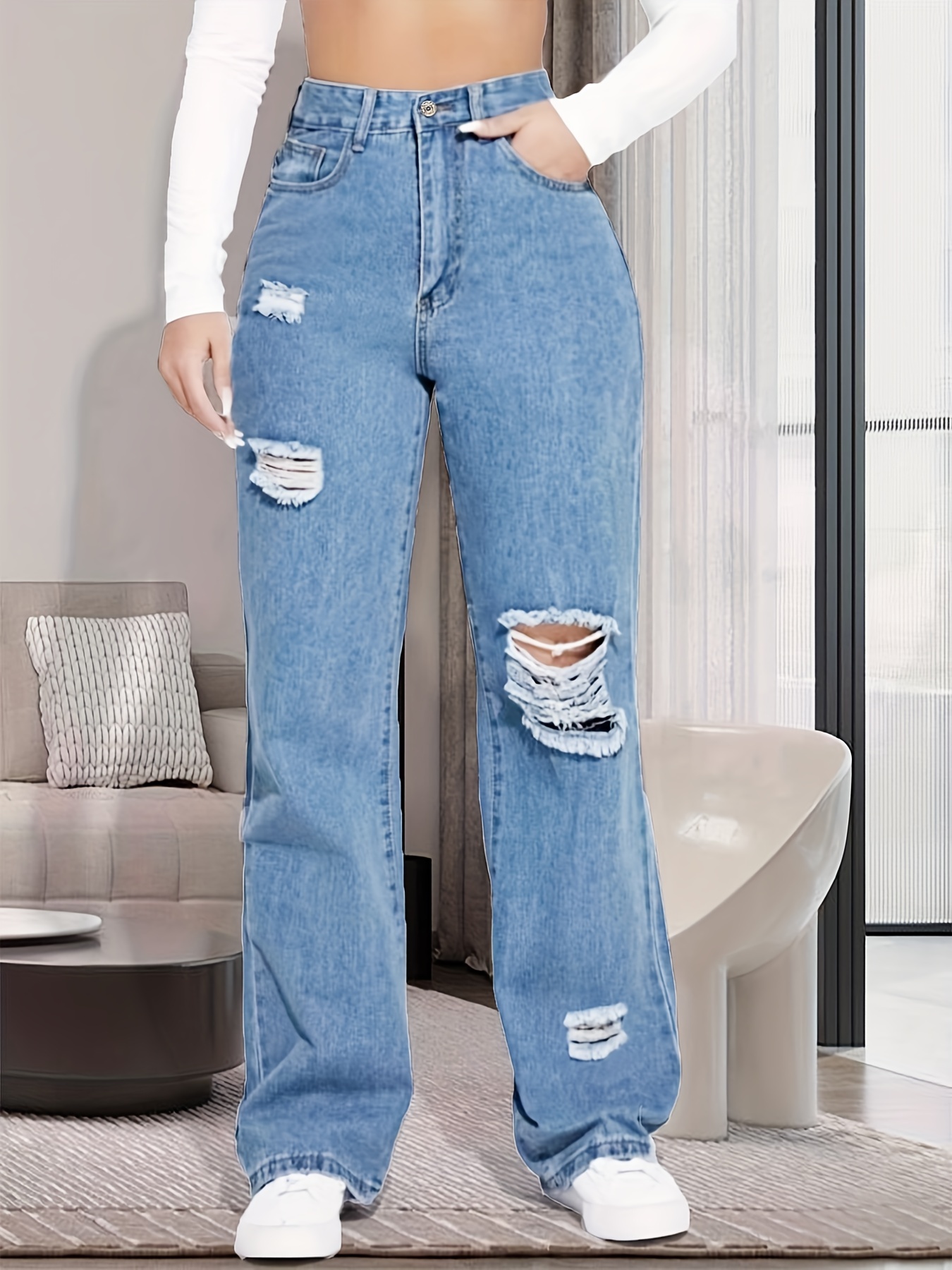 Blue High Waist Ripped Denim Pants - Temu