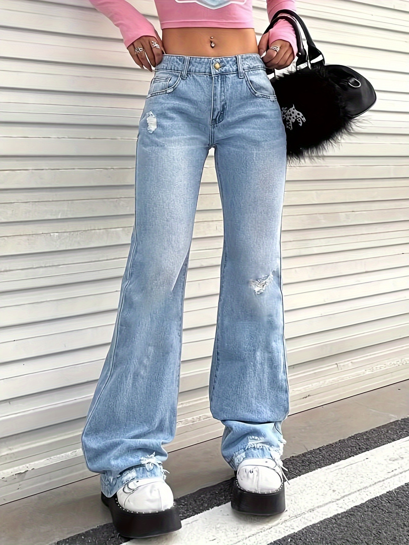 Ripped Holes Casual Baggy Jeans, Loose Fit High Waist Wide Legs Jeans,  Women's Denim Jeans & Clothing