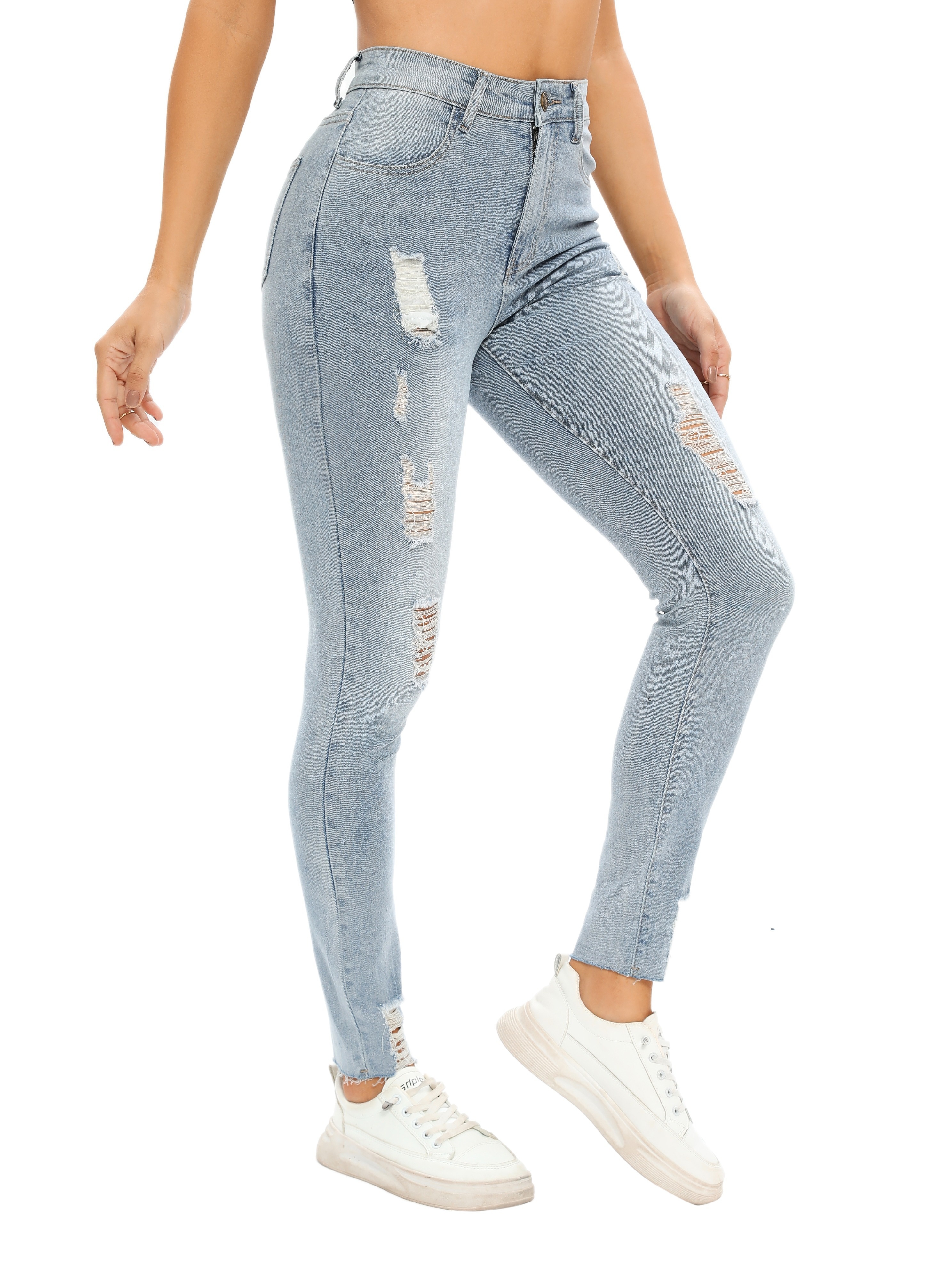 High * Ripped Stretchy Tight Fit Skinny Jeans, High Waist Water Ripple  Embossed Zipper Button Denim Pants, Women's Denim & Clothing