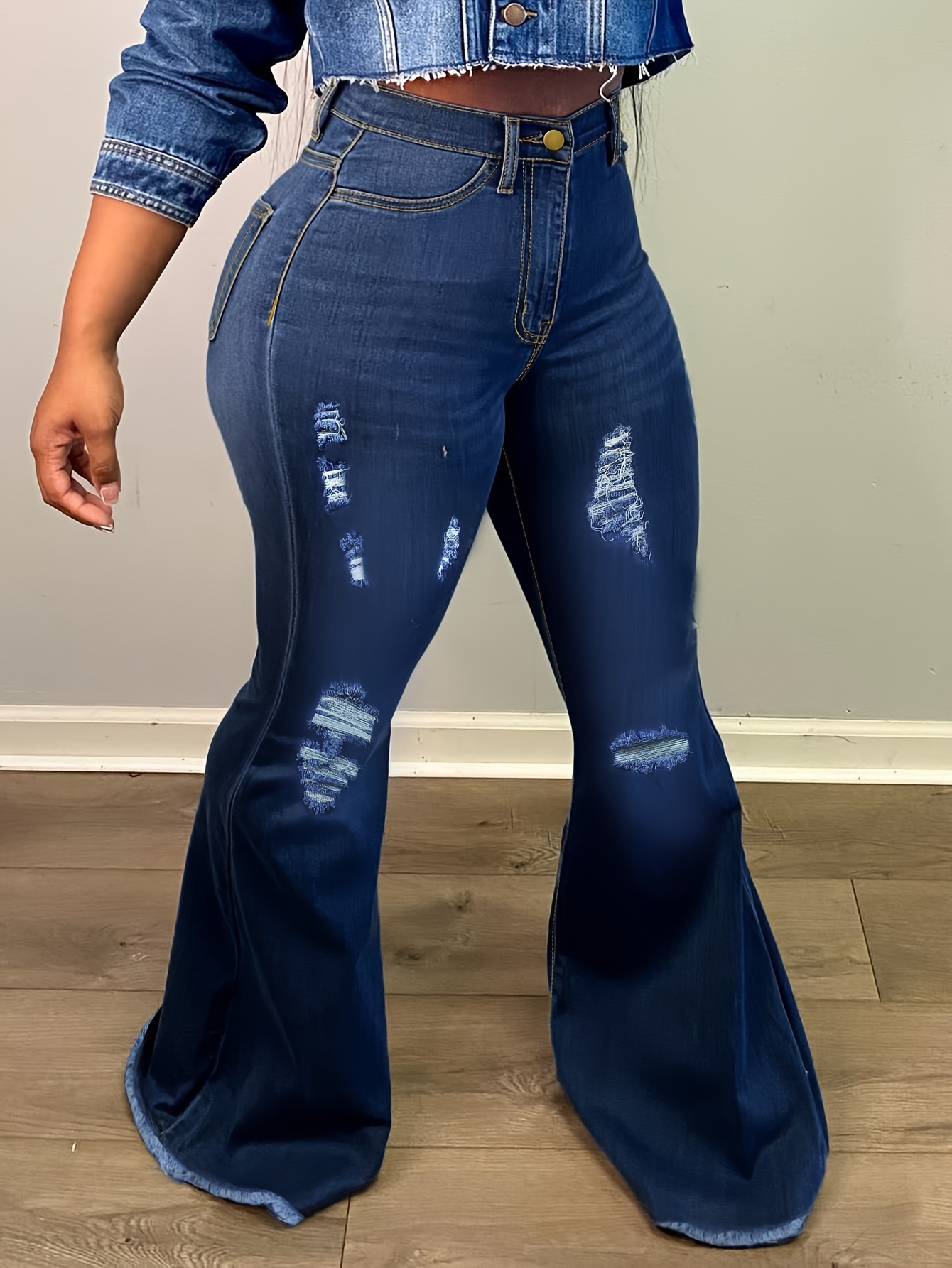 Blue Ripped Holes Flared Jeans Lace Distressed Bell Bottom - Temu