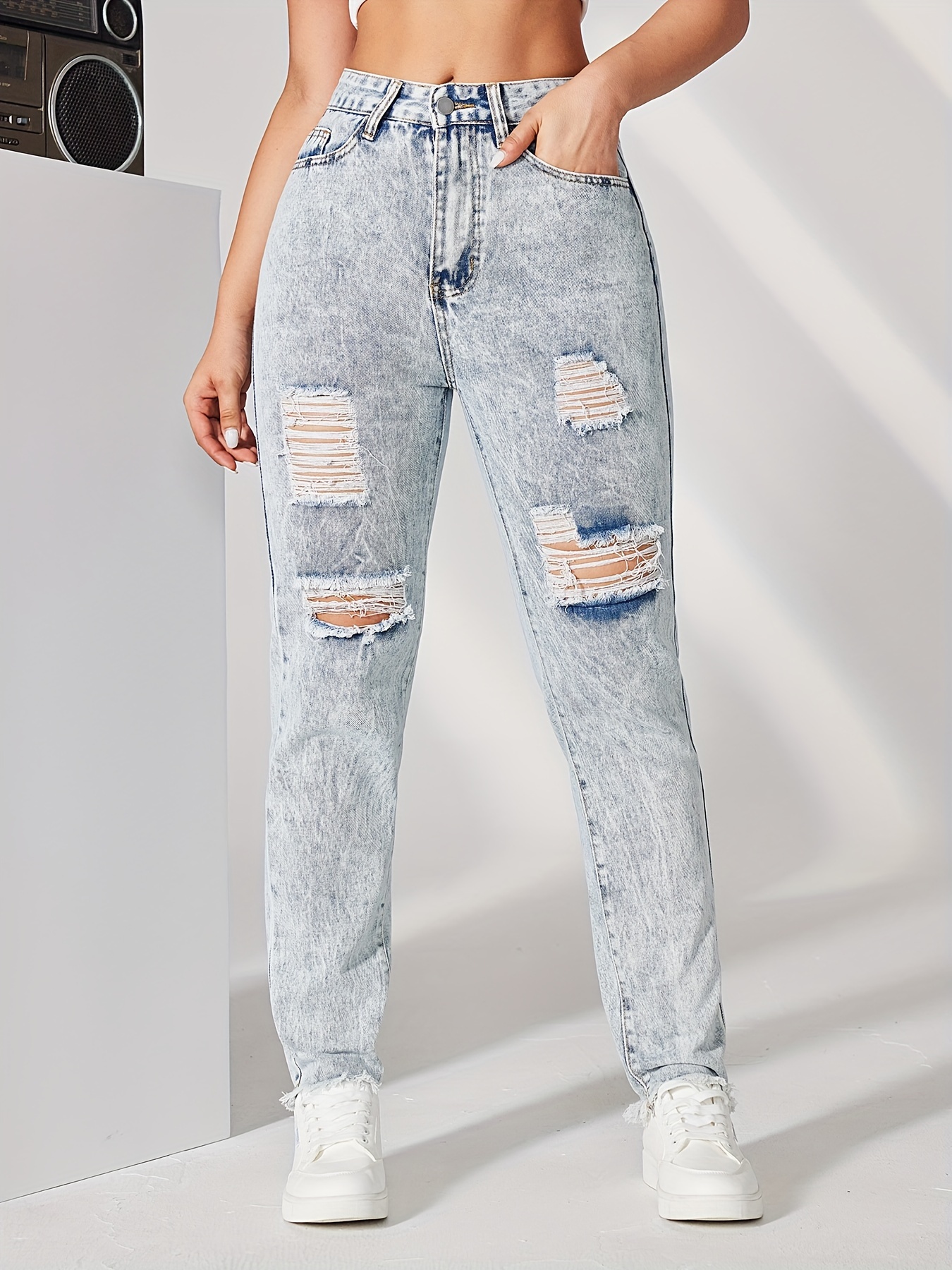 * Wash Ripped Detail Butterfly Jeans, Star Print Distressed High * Mom  Jeans, Women's Denim Jeans & Clothing