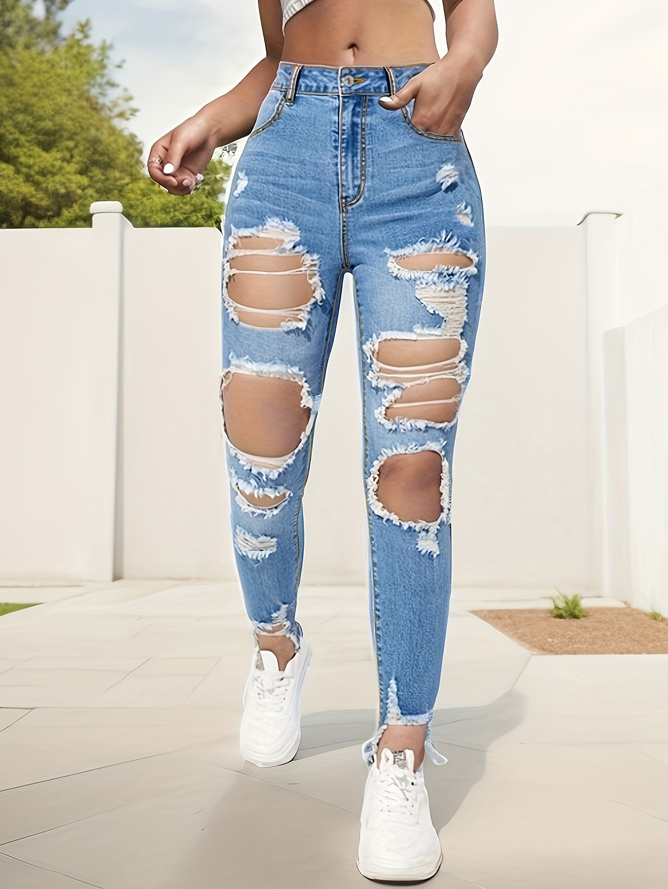 Jeans & Trousers | White Damage Jeans For Women | Freeup-sonthuy.vn
