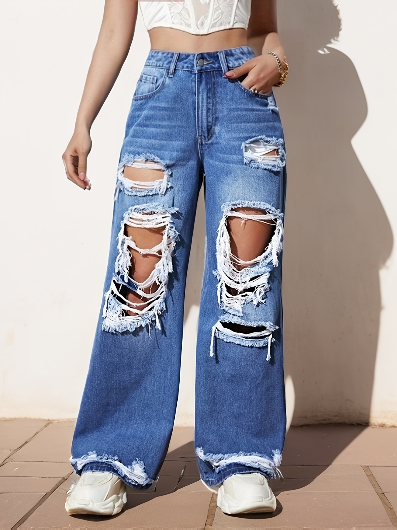 Ripped Holes Casual Skinny Jeans, High Stretch Slim Fit Denim Pants,  Women's Denim Jeans & Clothing