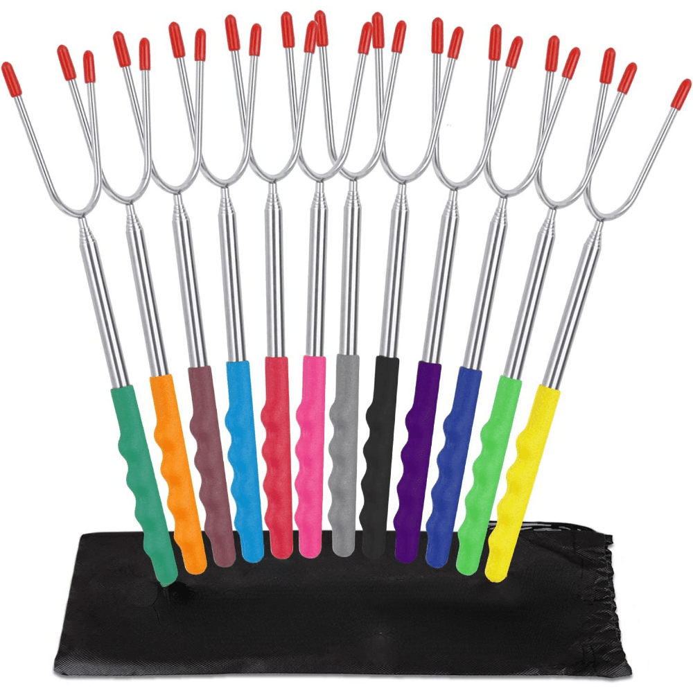 6pcs Barbecue Forks, Marshmallow Roasting Sticks, Multi-color Smoke Sticks,  Wooden Handle Hot Dog Forks, 10in, Marshmallow Roasting Sticks Grill Acces