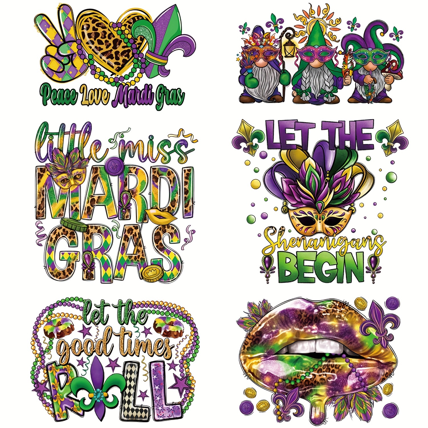 1pc Mardi Gras Theme Heart Transfer Stickers Carnival Festival Printed  Iron-On Patches For DIY Clothing Hoodie T-Shirts Jeans Bag