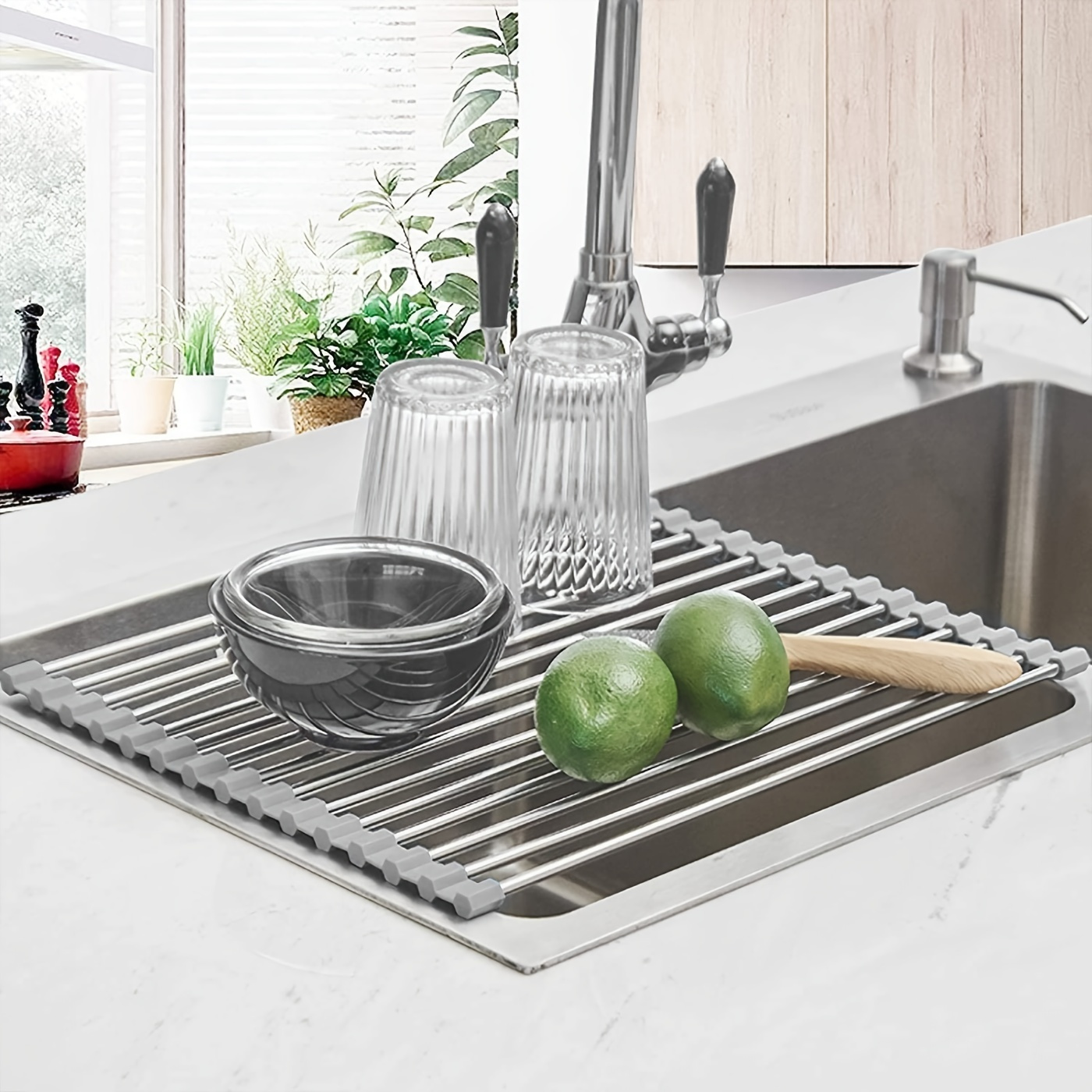 Sink Dish Drying Rack with Drip Tray, Stainless Steel Dish Drainer with  Wooden Handles and Cutlery Holder - AliExpress