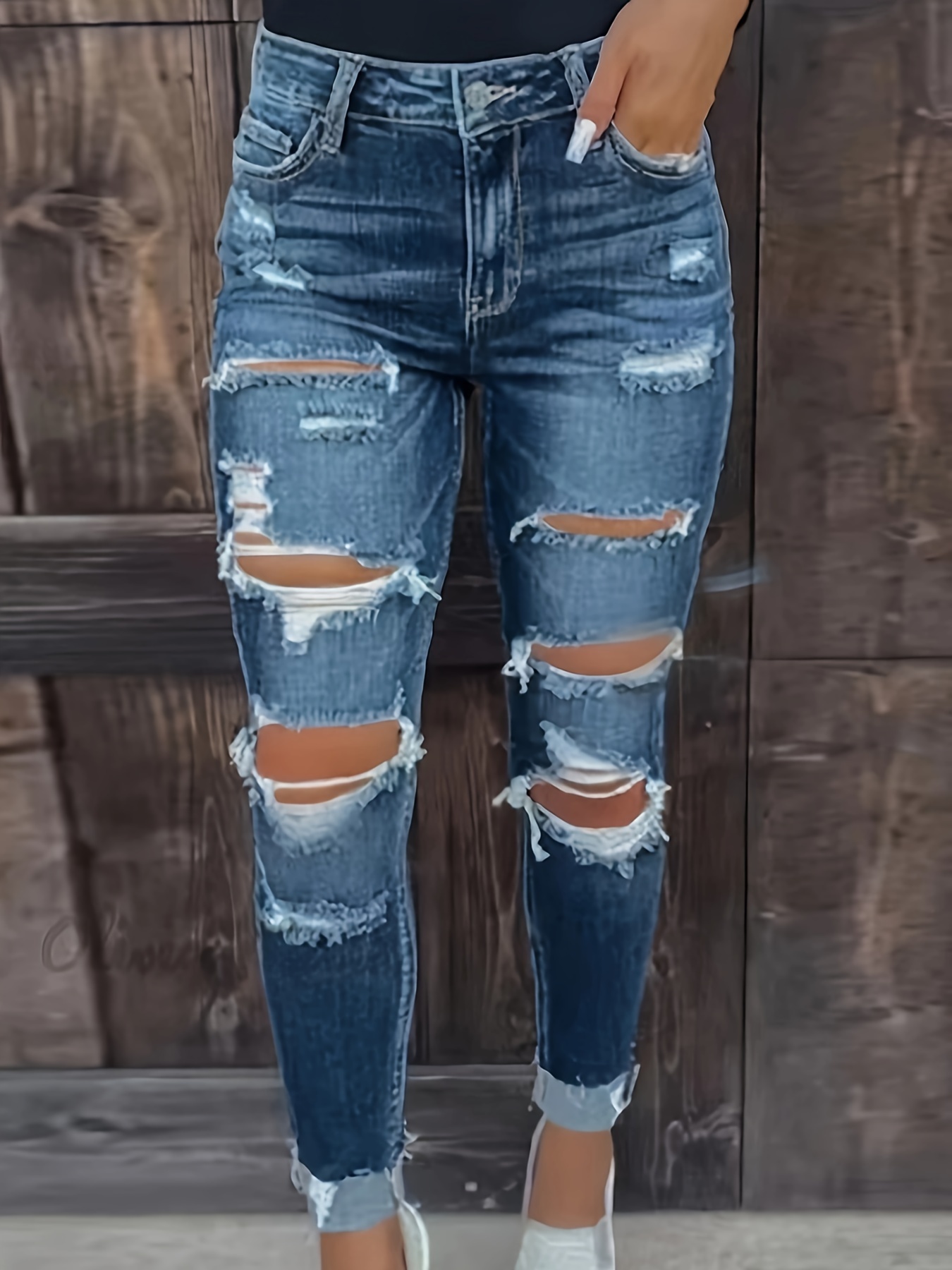 Blue Extra Long Denim Jeans, Ripped Holes Distressed Slash Pockets  High-Stretch Denim Pants, Women's Denim Jeans & Clothing