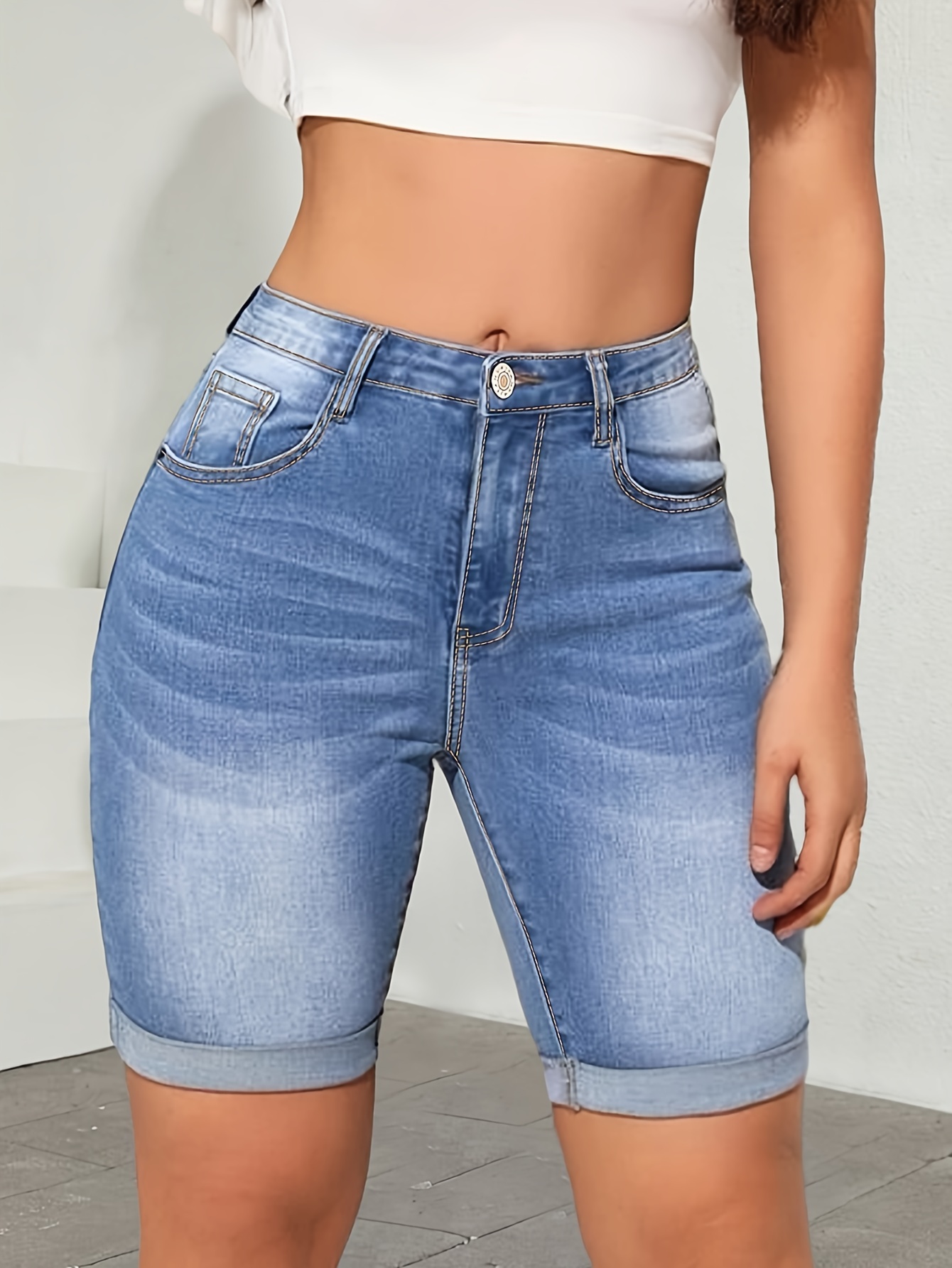 Ripped Roll Up Hem Knee Length Denim Shorts, High Stretch Medium Washed  Blue Slash Pocket Cuffed Bermuda Denim Shorts, Women's Denim Jeans &  Clothing