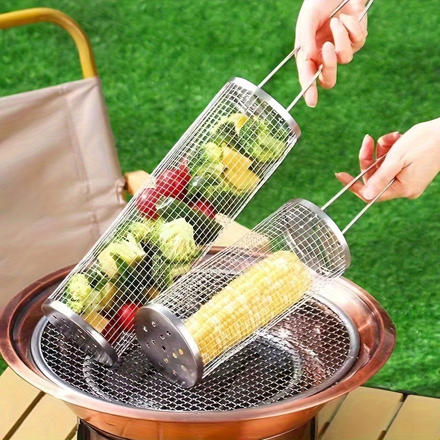 Rolling Grill Basket, Stainless Steel Grilling Basket Fish Cylinder BBQ  Grill Basket for Meat, Vegetables, Chops, Outdoor Grill Accessories Gifts  for