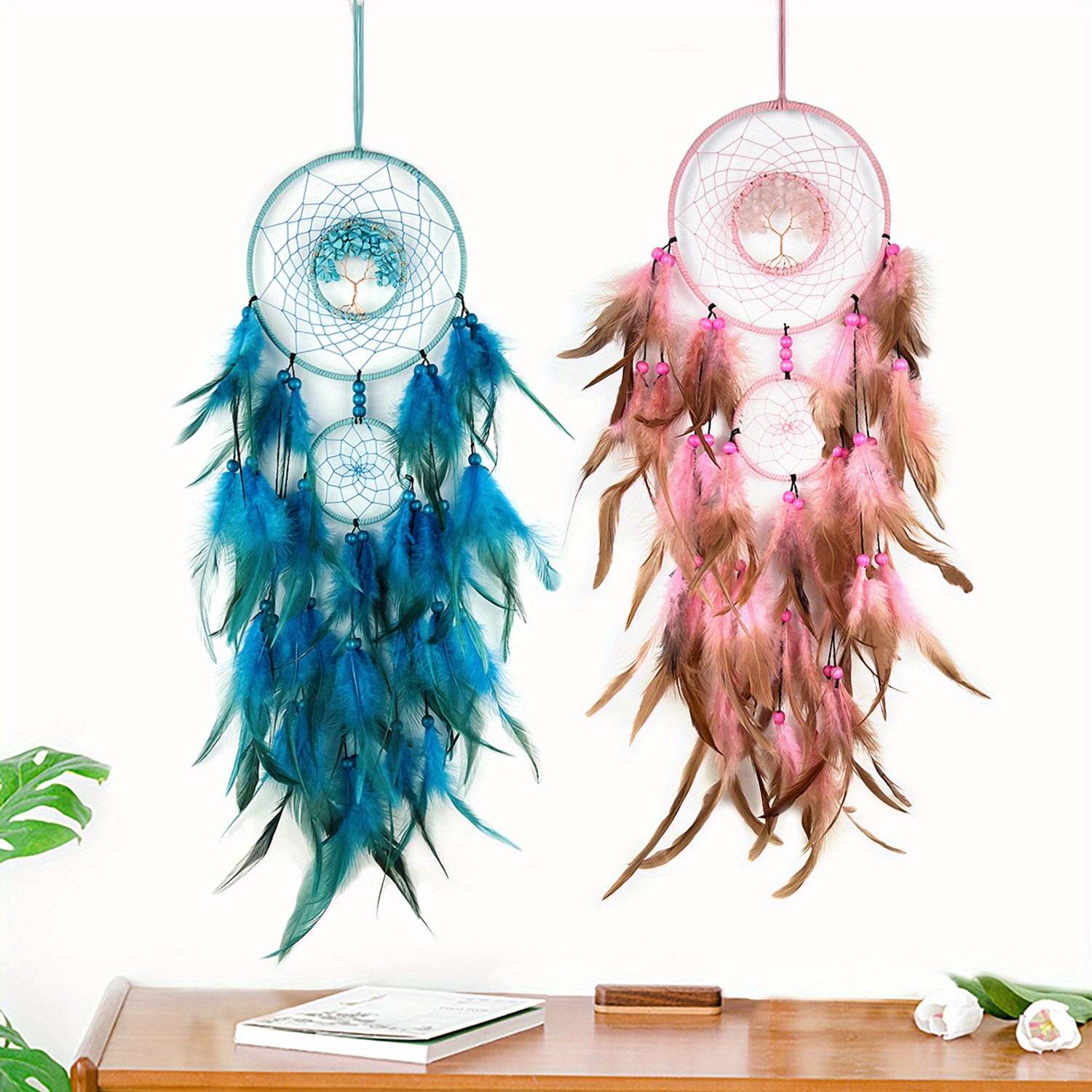 Dream Catcher with Bicolor Mesh, Handmade Dark Tone Dreamcatcher with Black  and Turquoise Feather Wall Hanging Decoration