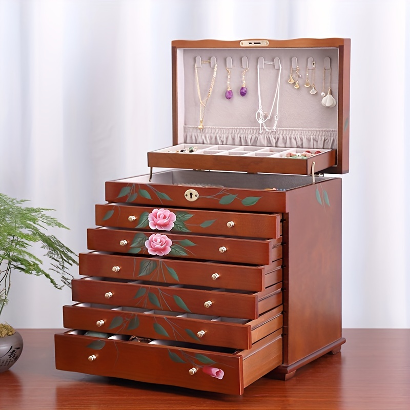 Rustic 5 layer Wood Jewelry Box Mirror Drawers Women - Temu