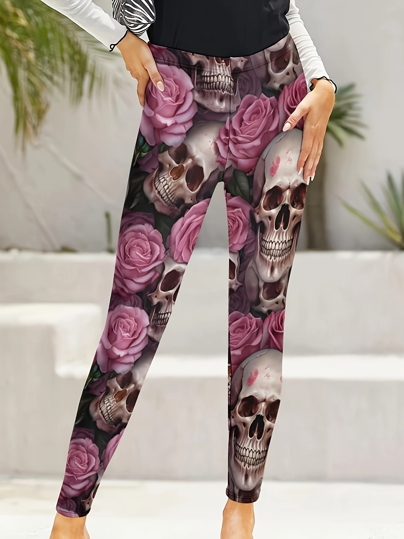 Rose Floral Print Skinny Leggings, Casual Elastic Waist Stretchy Leggings,  Women's Clothing