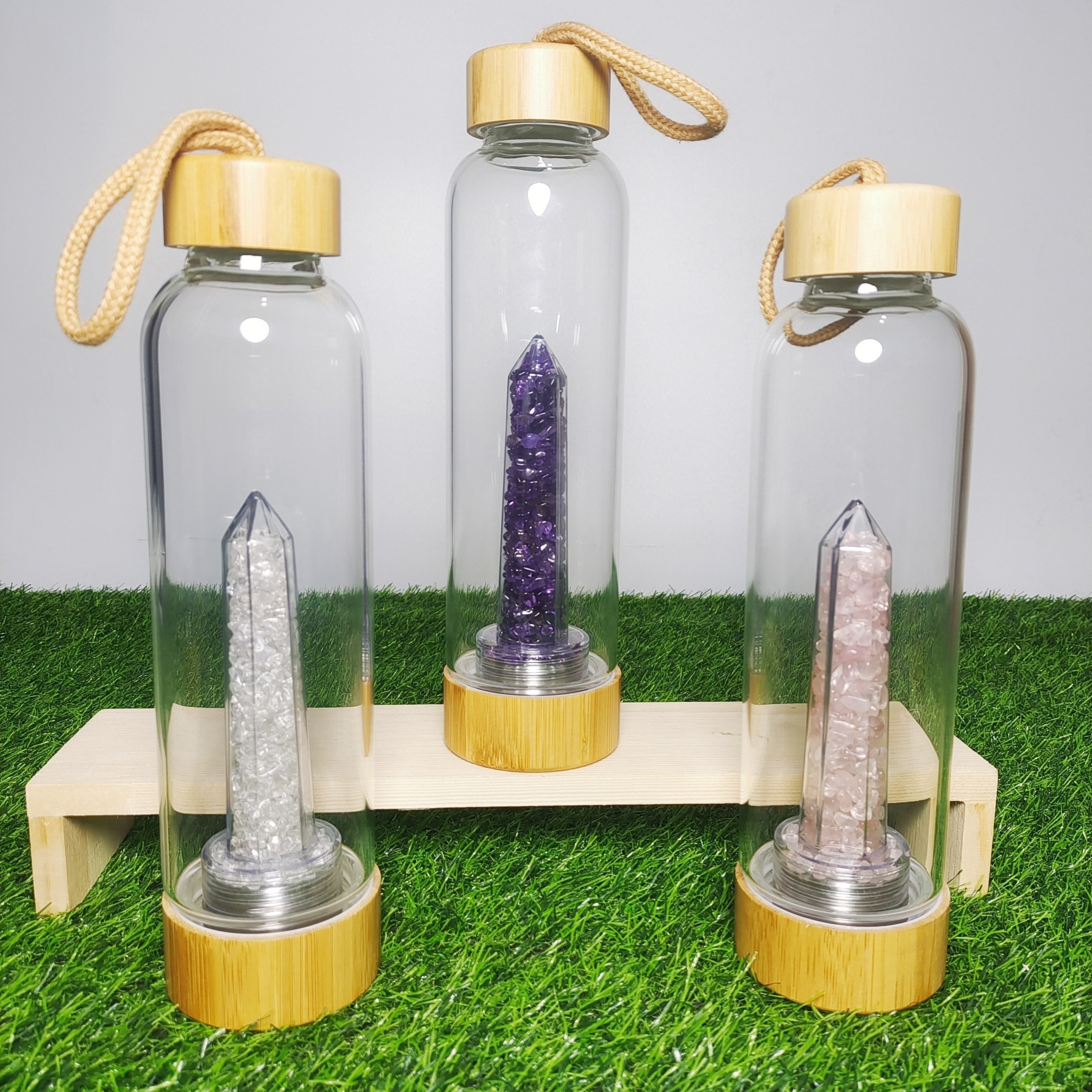 mookaitedecor Juego de 9 mini botellas de cristal de deseos de piedras  preciosas caídas con piedras preciosas curativas Reiki