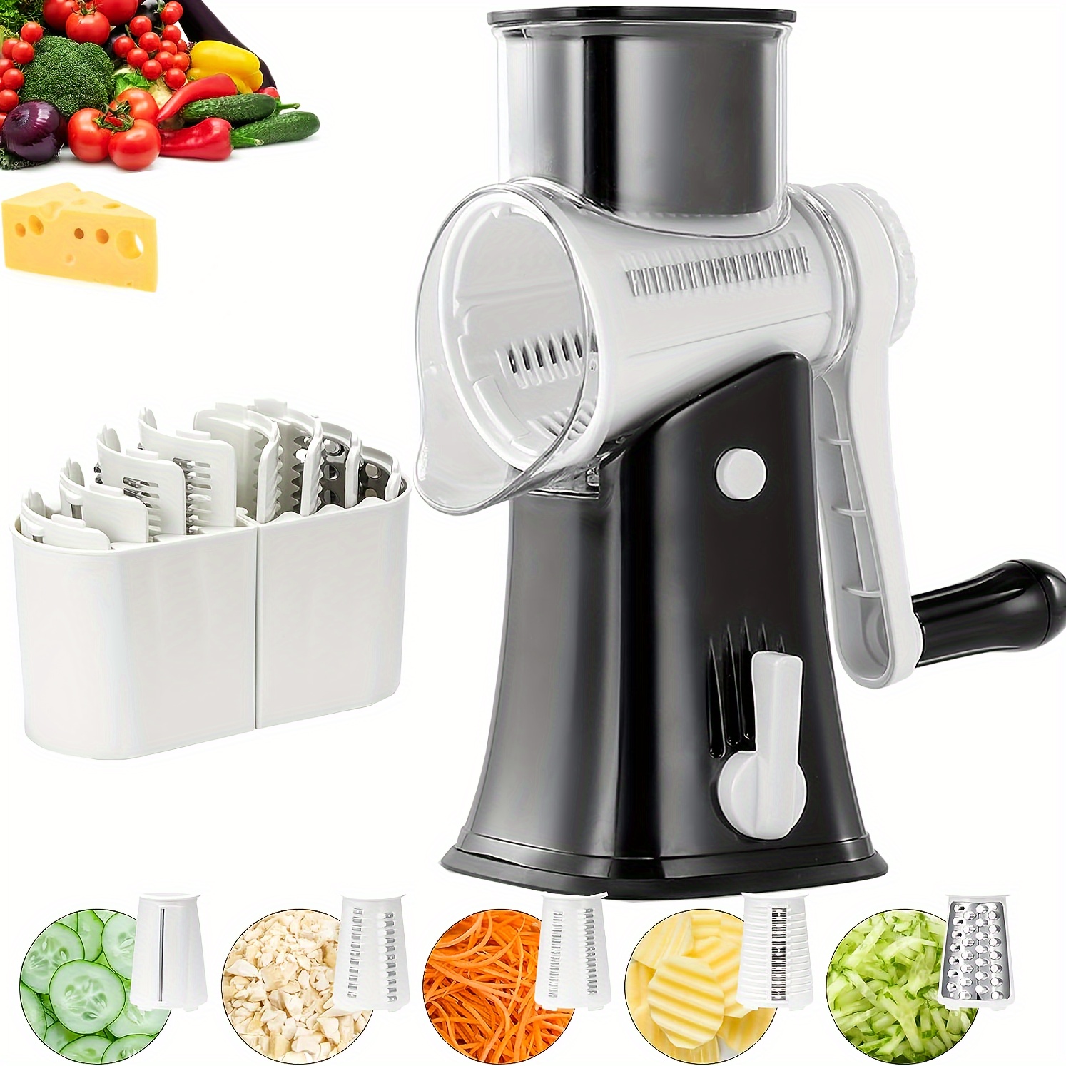 Vekaya 5 In 1 Rotary Cheese Grater With Handle [5 Interchangeable