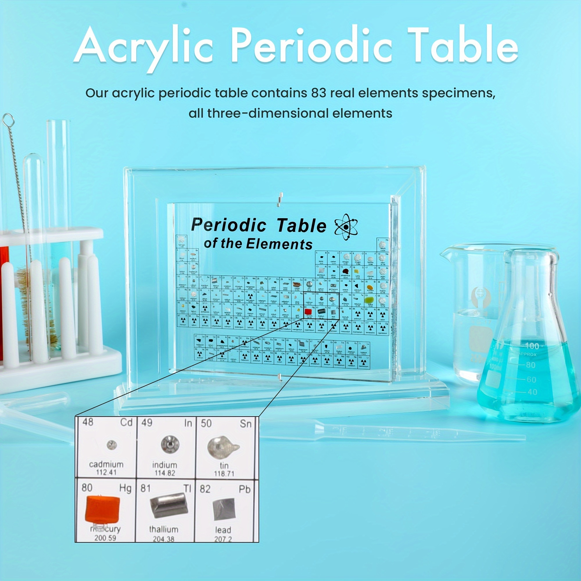 Tabla periódica con elementos reales en el interior, tabla periódica  acrílica con muestras de elementos, tabla periódica con elementos
