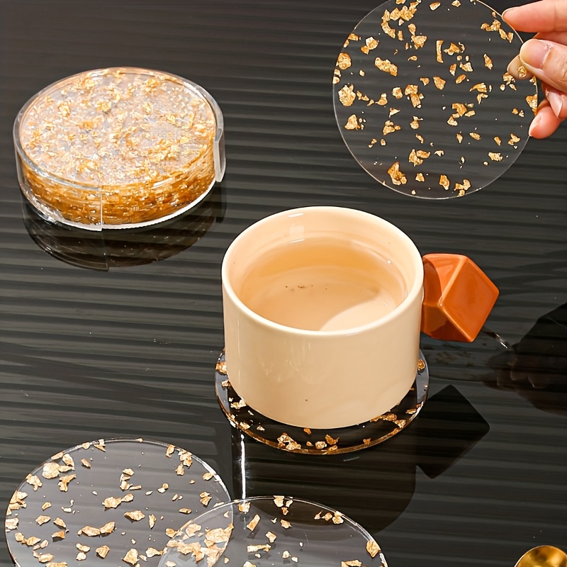 6pcs, Heat-Resistant Acrylic Coasters with Golden Foil Design - Transparent  and Washable Kitchen Supplies