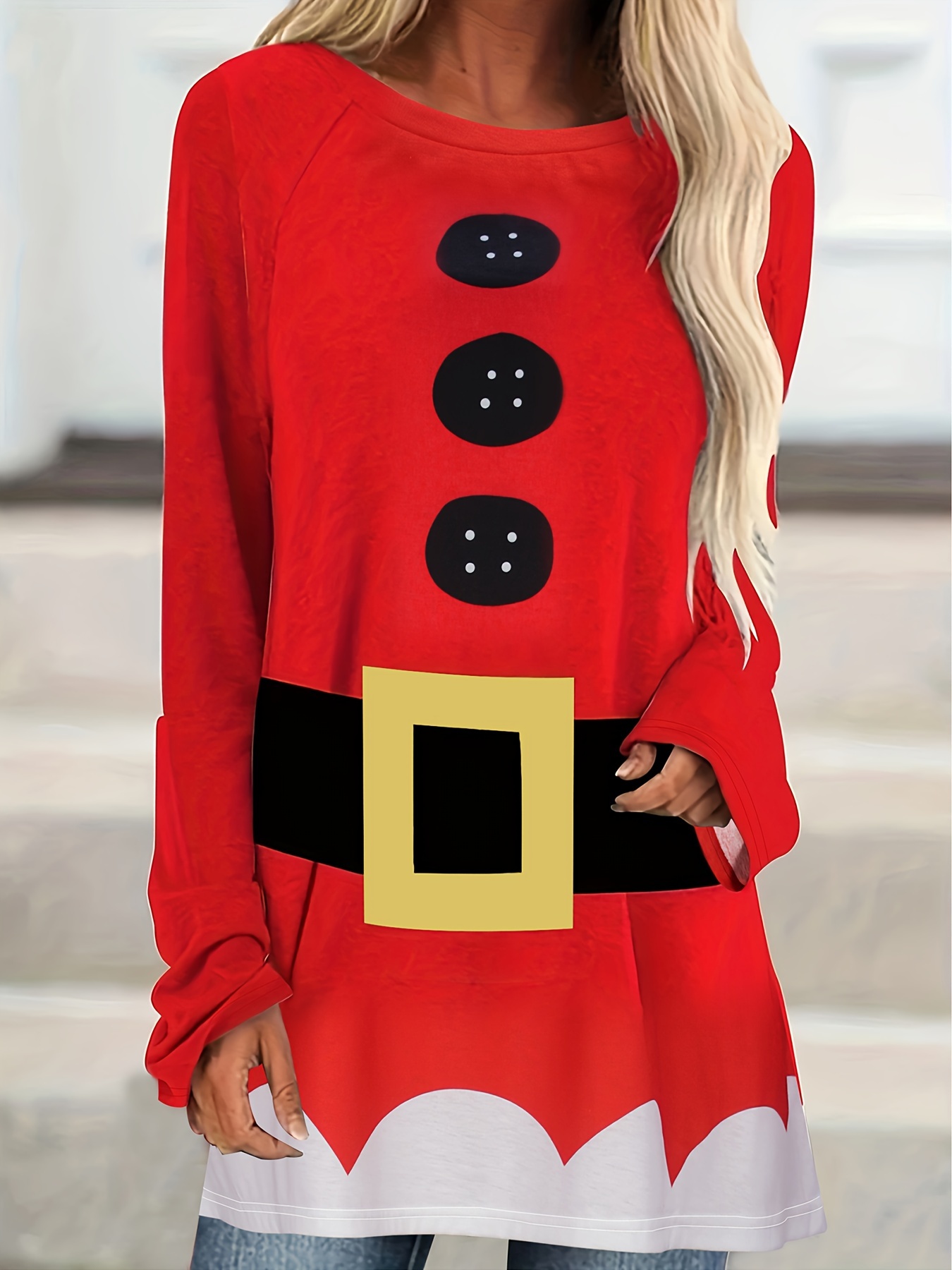 Plus Size Christmas Casual T-shirt, Women's Plus Snowman & Wreath Print  Long Sleeve Round Neck Slight Stretch Top