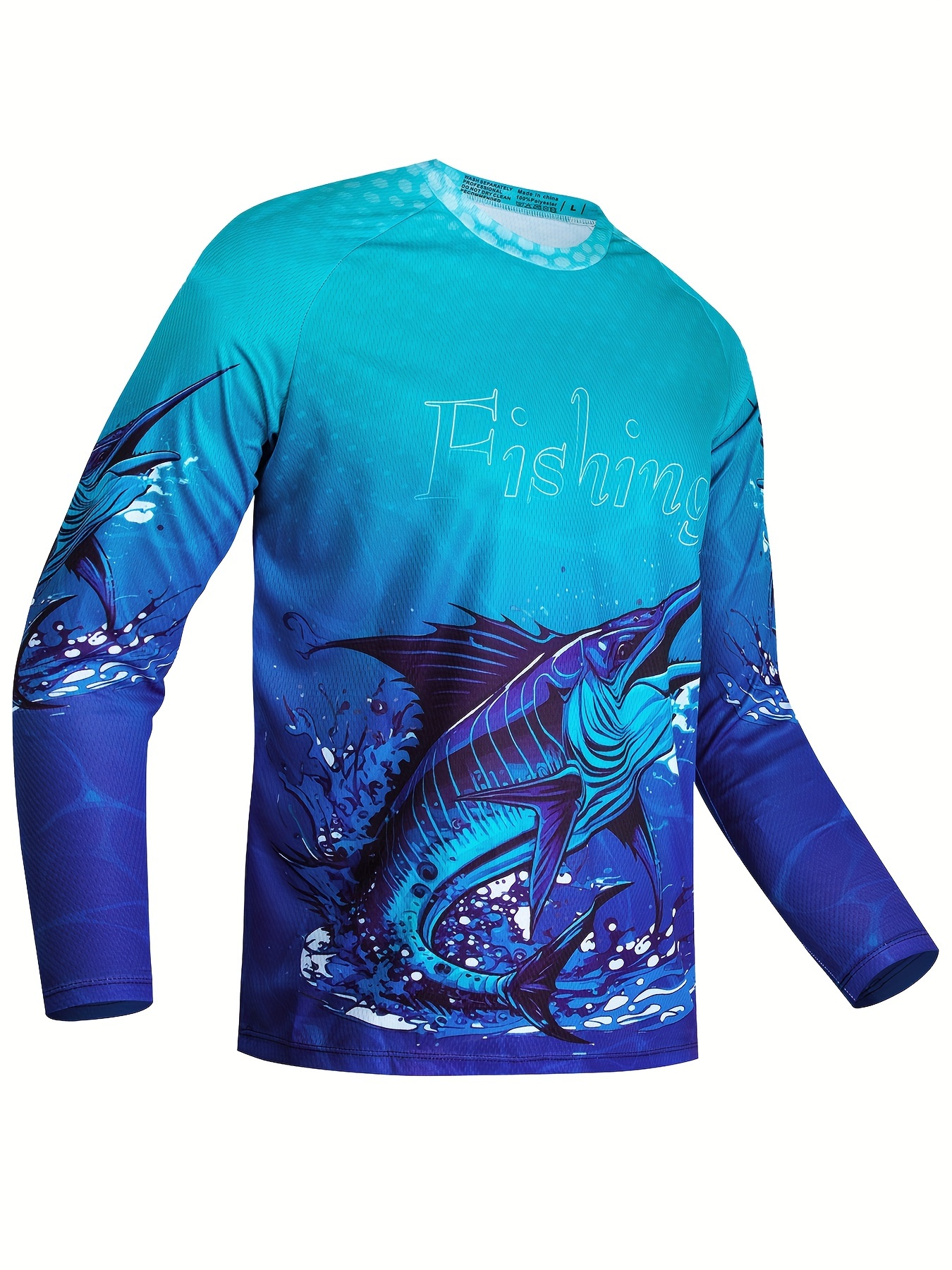 Fish Scale Digital Print Men's Long Sleeve Stretch Sunscreen Rash Guard, Lightweight and Breathable Men's Round Neck Sports Shirt, Outdoor Fishing
