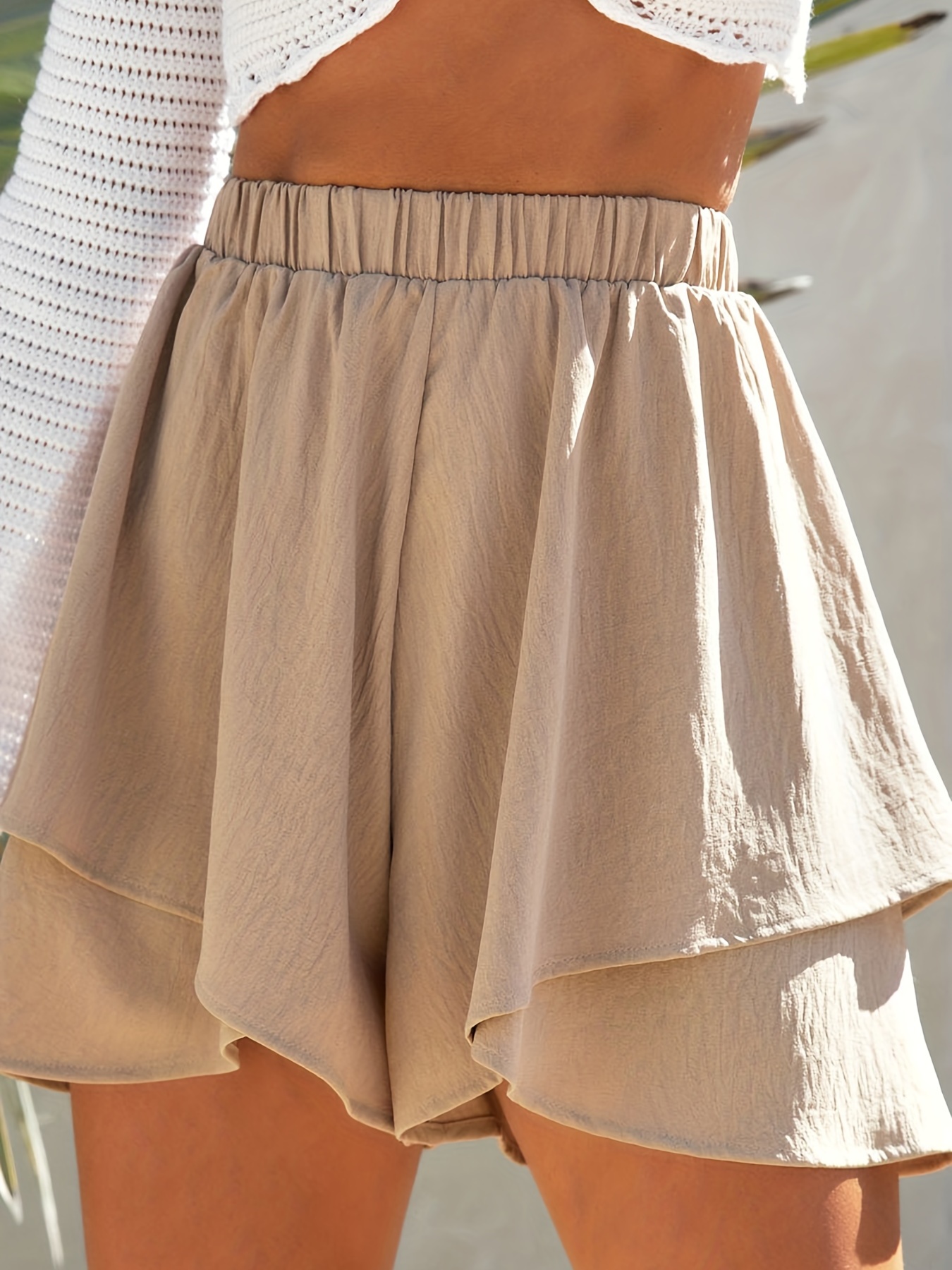Ruffle Trim Solid Shorts Casual Asymmetrical Summer High - Temu