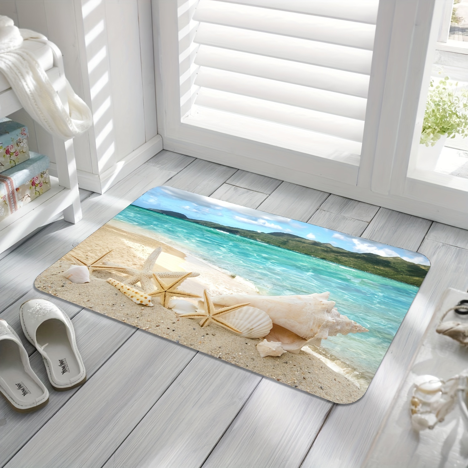 Non Slip Bath Rugs Sponge Foam for Bathroom,Durable Flannel Mat Bright 3D  Print Rug,Clearance MatS for Forlaundry Room and Kitchen, Conch Beach  Themed