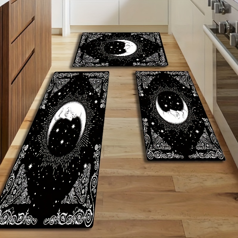 Logieut Moon Phase Kitchen Rug Set of 2, Goth Rug, Moon Rug, Black and White Constellation Halloween Kitchen Mat Rugs, Carpet- Gothic Witchy Moon Phase