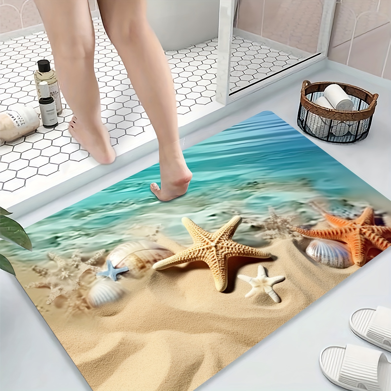 Non slip Diatom Mud Soft Bathroom Mat Beach Starfish Shell - Temu