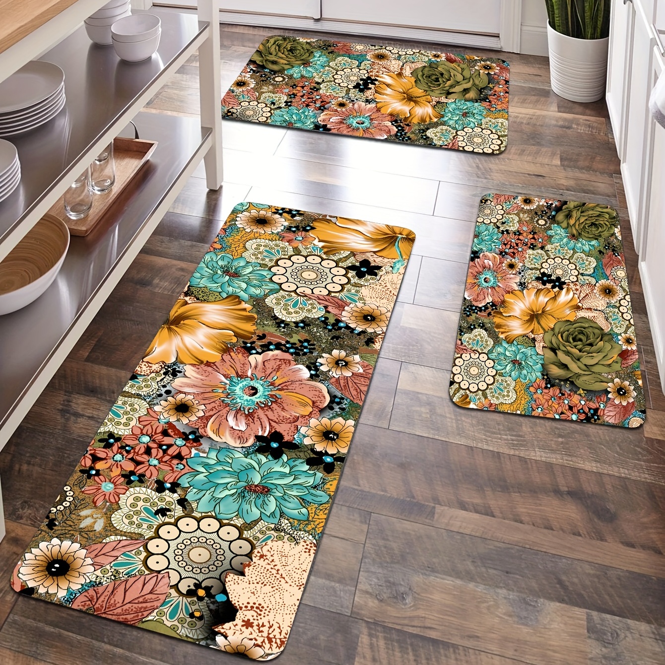 Yinhua Juego de 3 tapetes de cocina florales para piso, alfombras y tapetes  de cocina antideslizantes y lavables, tapete de cocina con respaldo de
