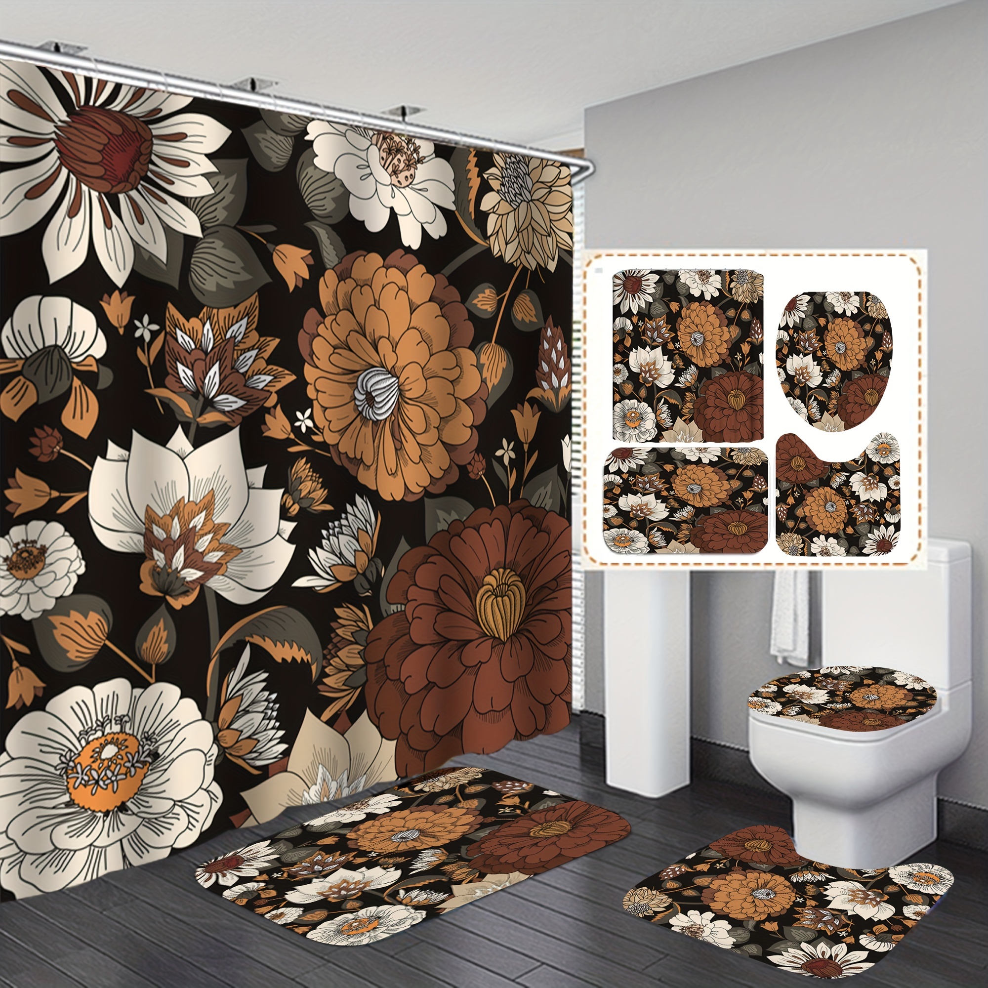 Floral Shower Curtain, Red Gray Brown Beige, Dahlia Flower Burst Bath  Curtain, Chrysanthemum Bathroom Décor, Designed by Artist 