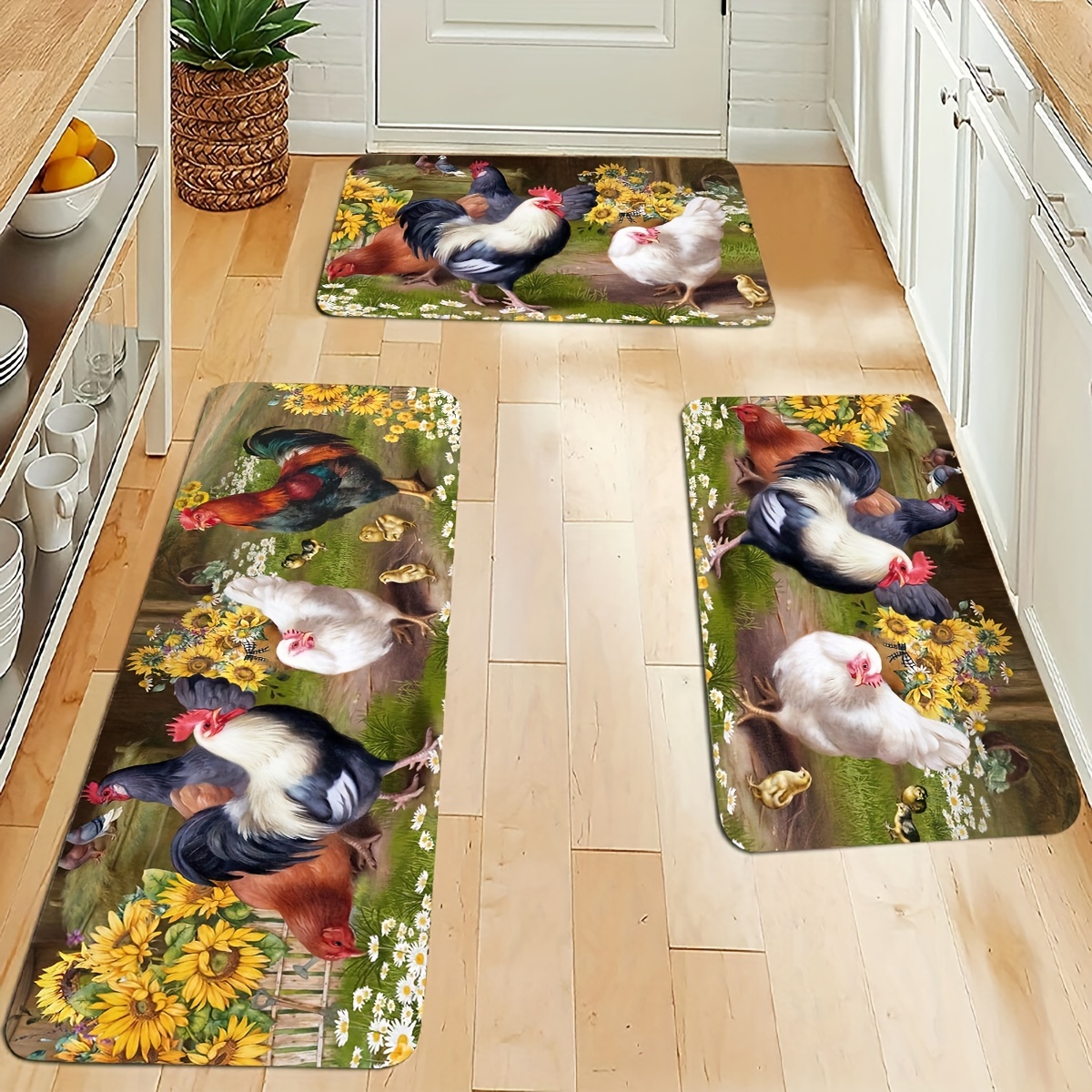 Chicken Kitchen Dining Room Runner Rug / Mat Non-skid Machine Washable 