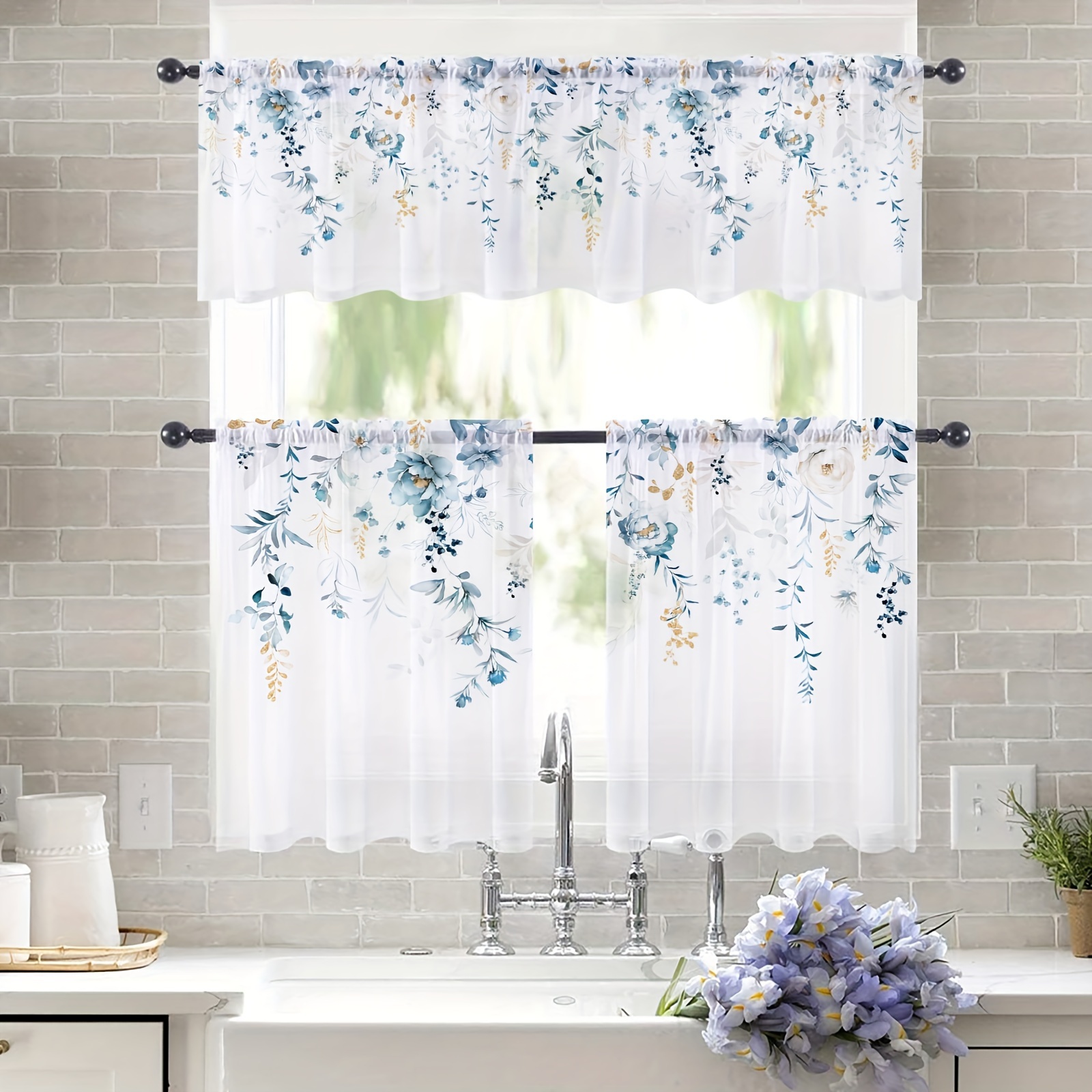 Cortinas de cocina de 2 paneles color verde azulado degradado para ventanas  pequeñas, cortina de baño con estética floral de primavera blanca de