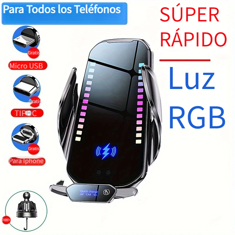 Cargador inalámbrico de carga rápida, cargador inalámbrico de coche de 15  W, luz RGB, cargador de teléfono inalámbrico, almohadilla de carga