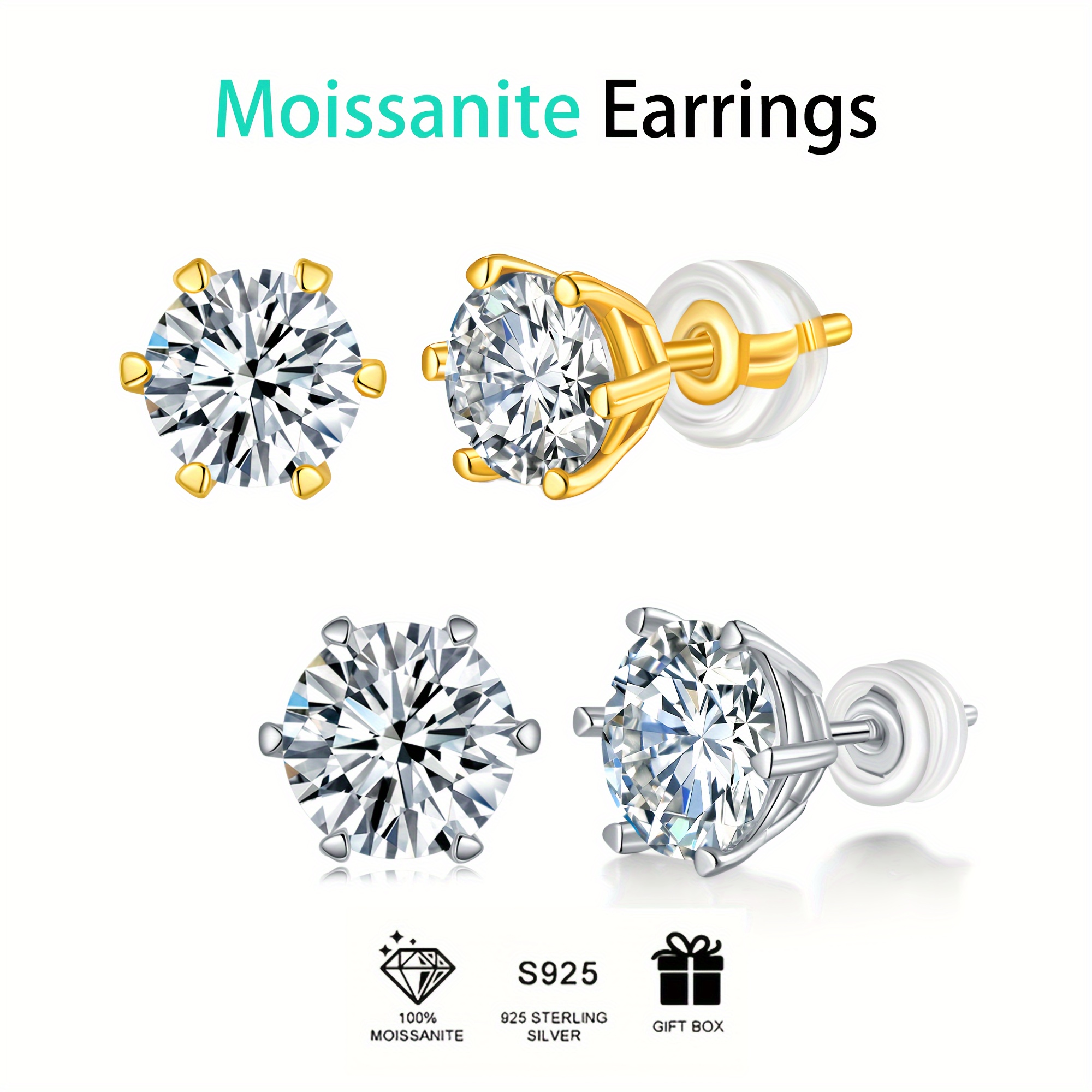 Classic 4 Prongs Round Moissanite Screw Earrings Solitaire 5mm Minimalist  Sterling Silver Stud Earrings Gold Plated