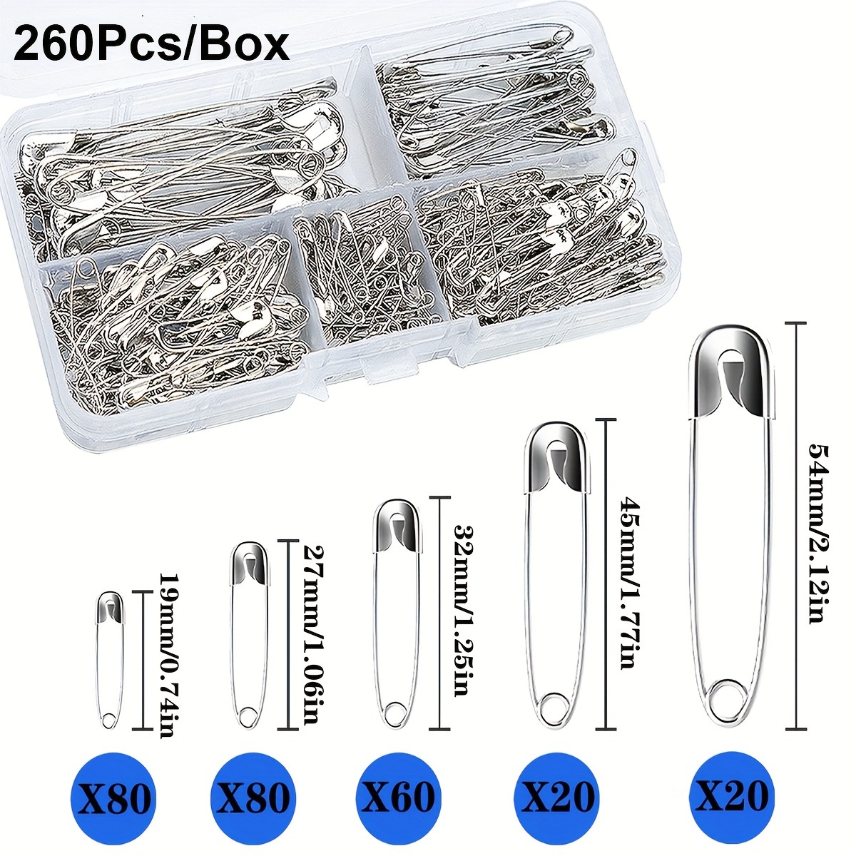 250 Pack Safety Pins by Luxurecourt 4 Assorted Sizes of Durable Silver  Small and Large Safety Pins Bulk Rust-Resistant Nickel Plated Steel Sharp  Edge Safety Pins for Clothes Sewing Arts & Craft