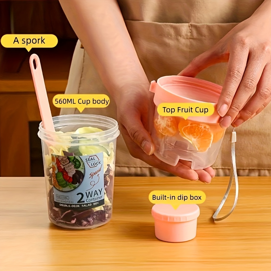 Double layer Breakfast Salad Cup With Lid Fork Sauce Cup - Temu